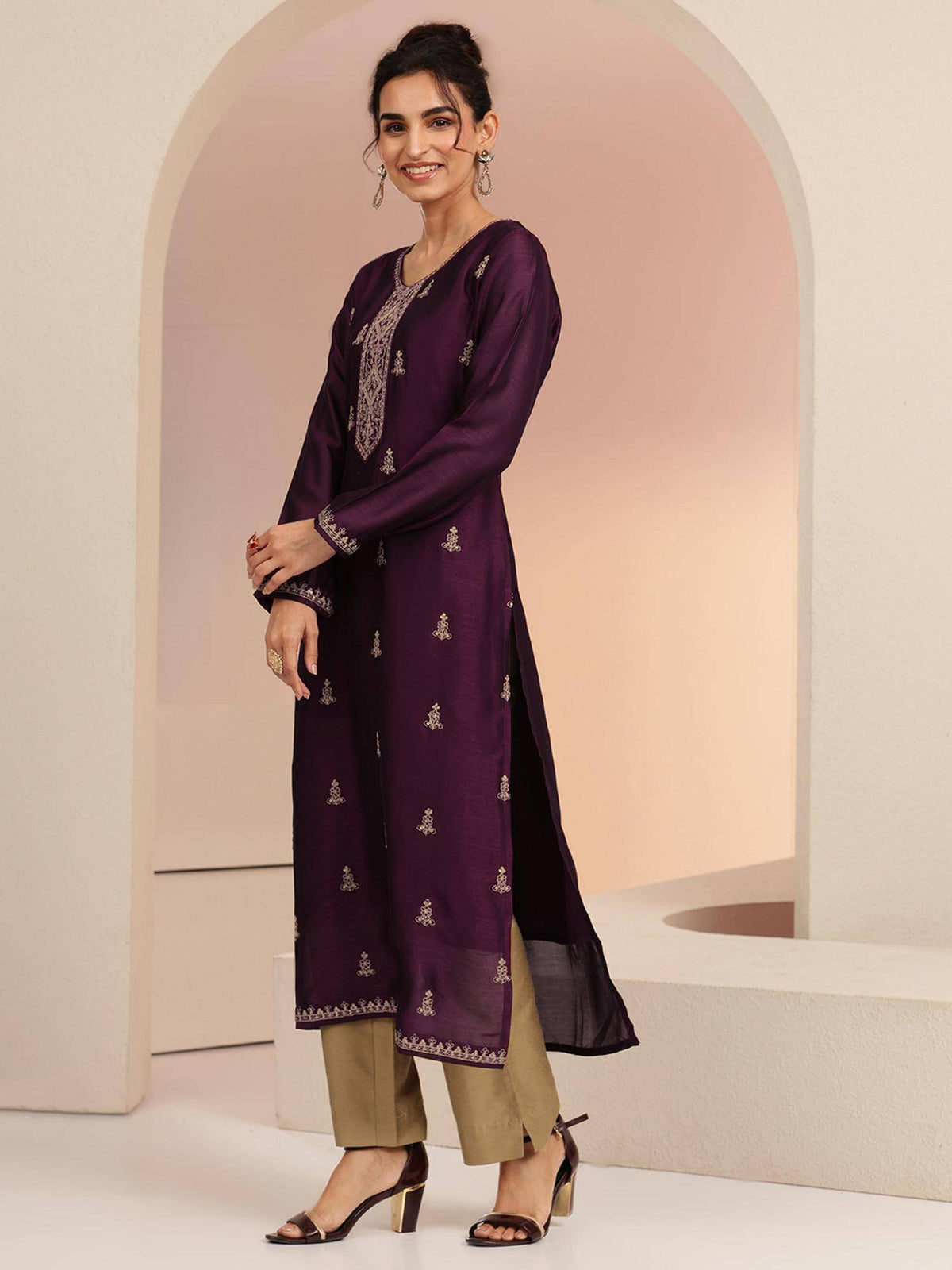 Maroon Embroidered Round Neck Kurta & Pant | KDG - view 44