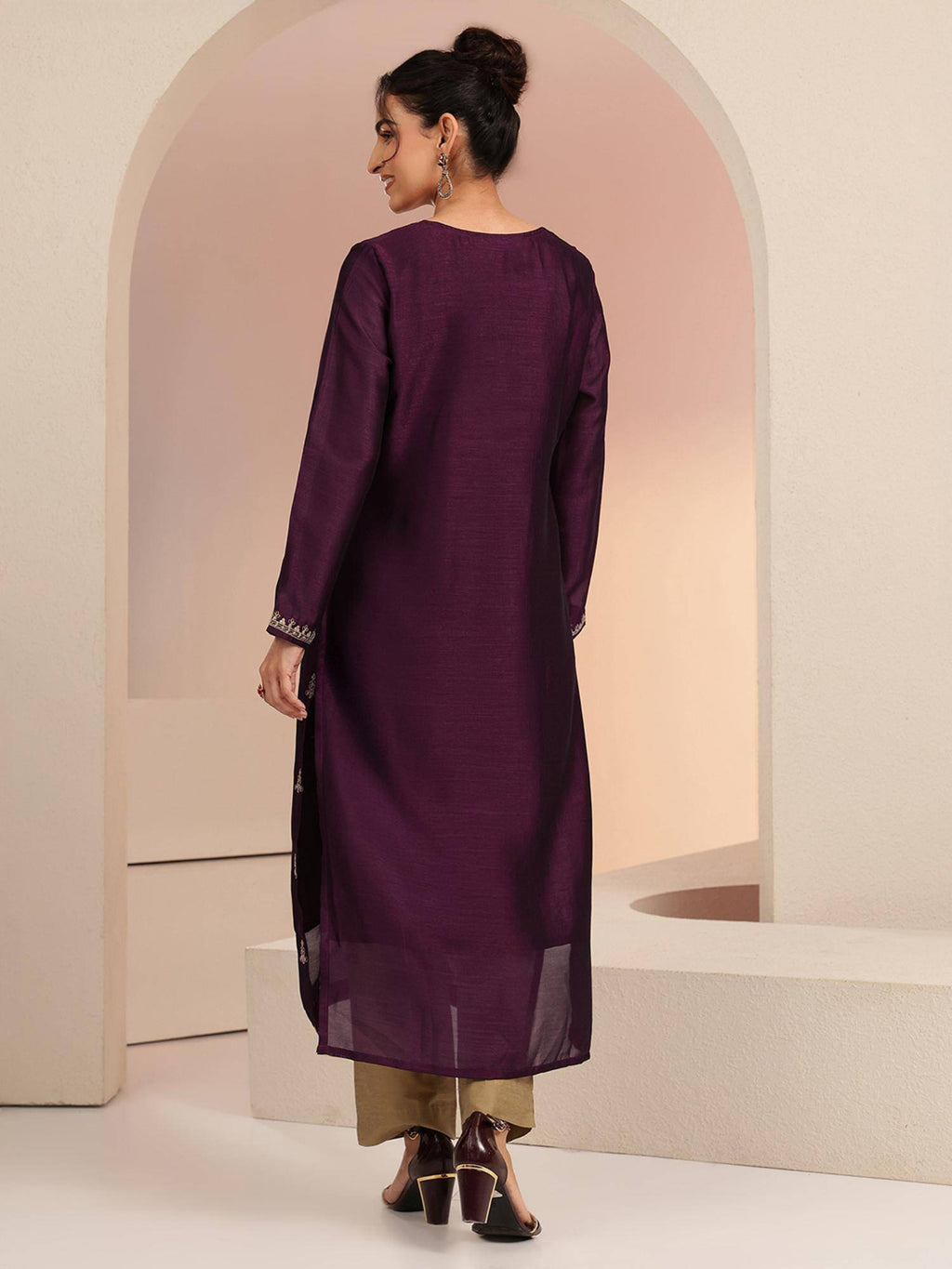 Maroon Embroidered Round Neck Kurta & Pant | KDG - view 45