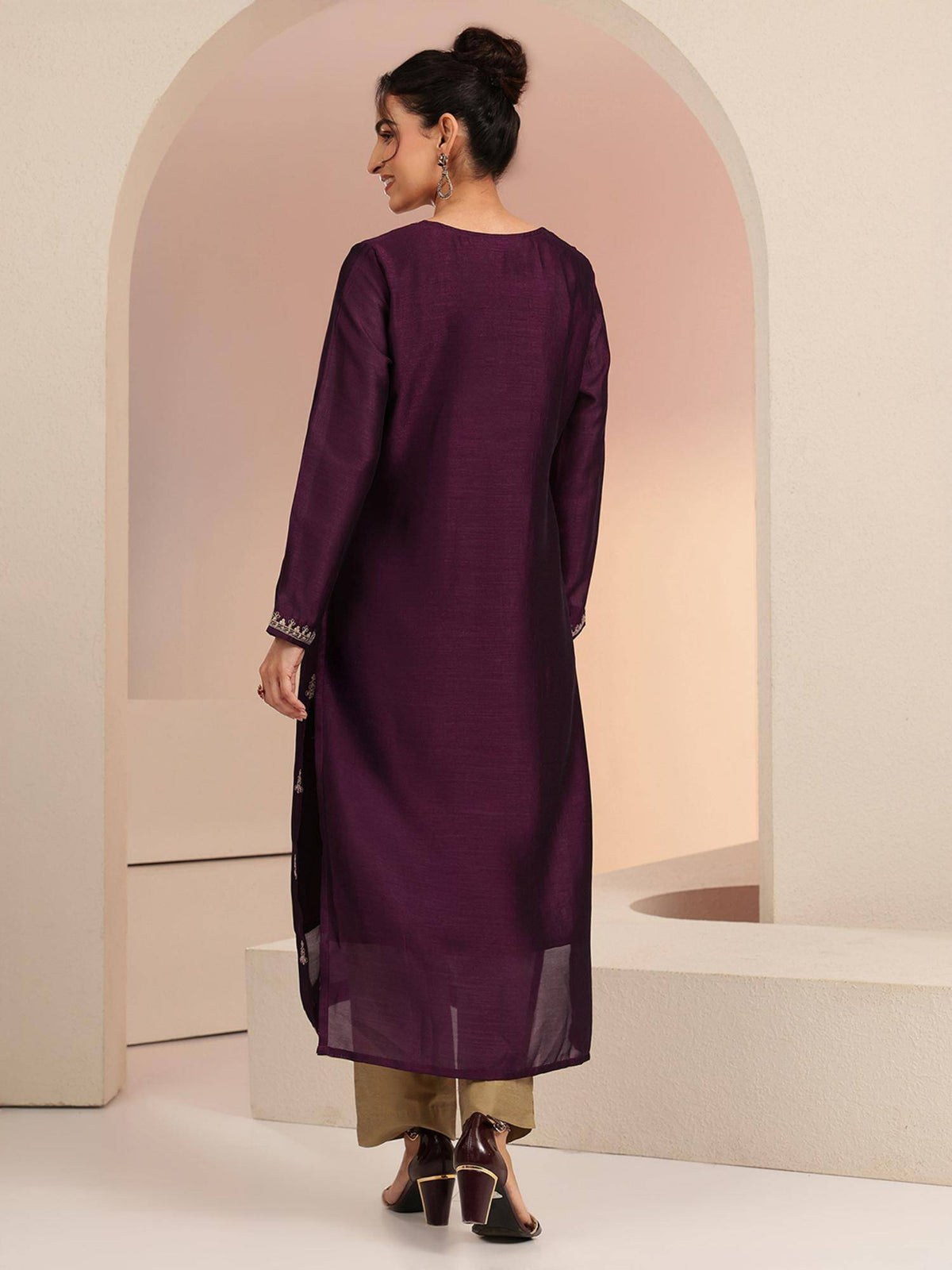 Maroon Embroidered Round Neck Kurta & Pant | KDG - view 45