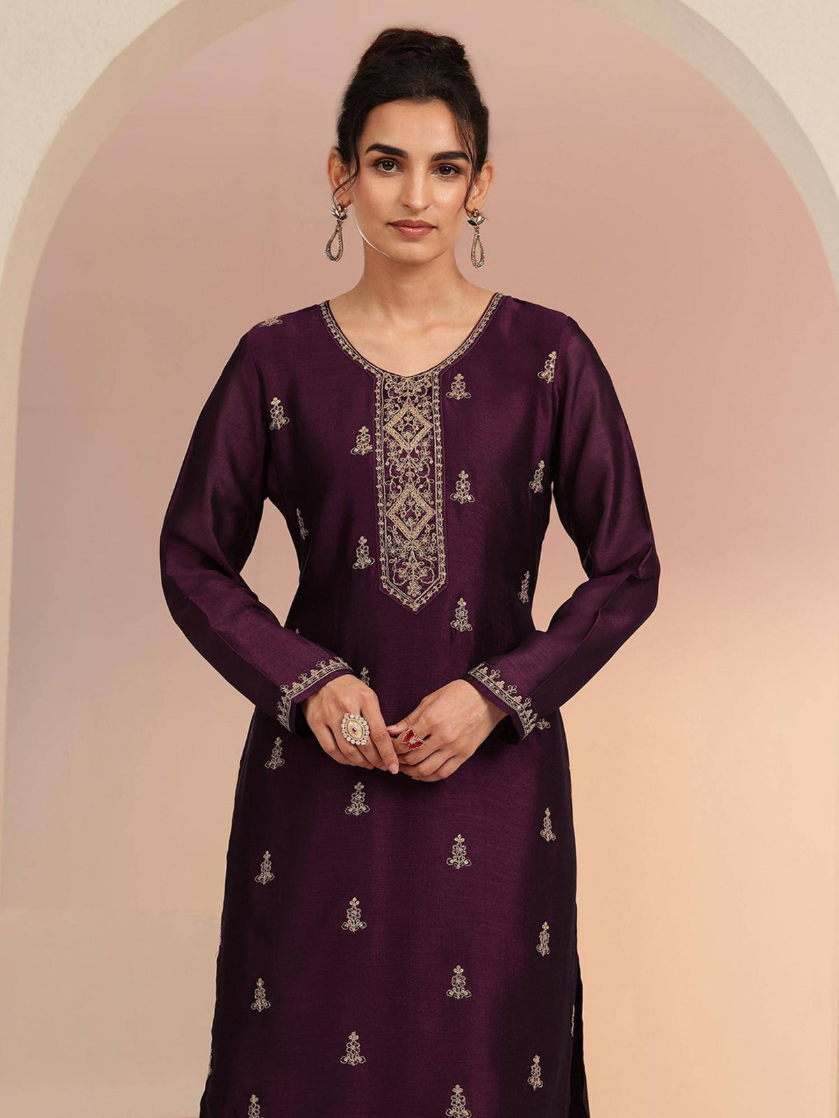 Maroon Embroidered Round Neck Kurta & Pant | KDG - view 46