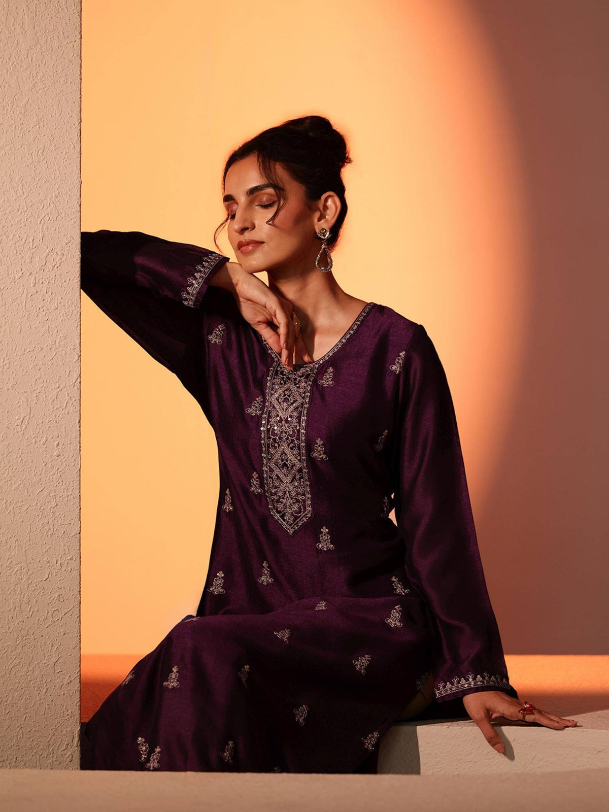 Maroon Embroidered Round Neck Kurta & Pant | KDG - view 47