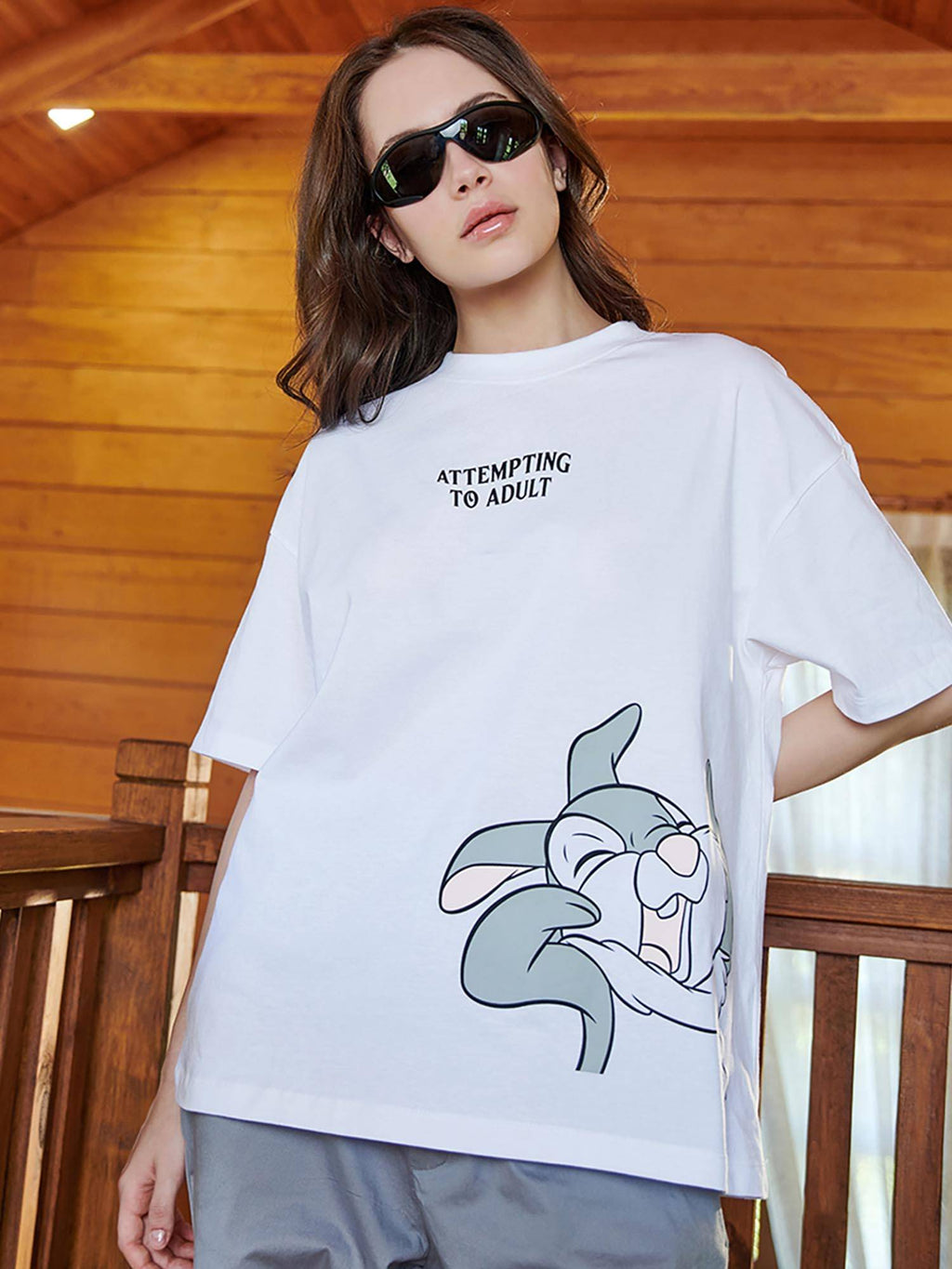 Women's White Attempting To Adult Graphic Printed Oversized T-shirt | HD56 - view 2