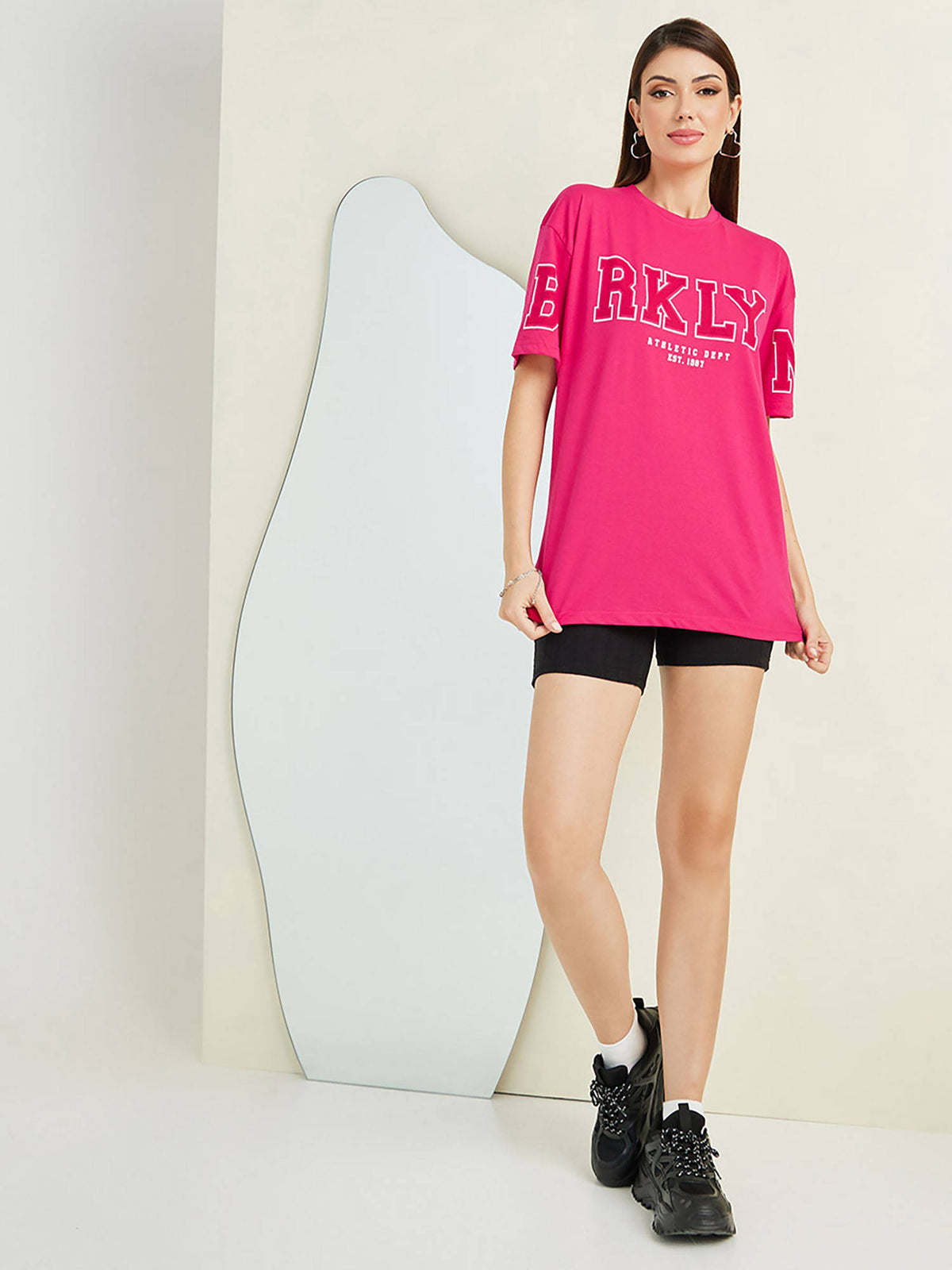 Women Pink Oversized Brooklyn Print Longline Cotton T-Shirt | TS56 - view 2