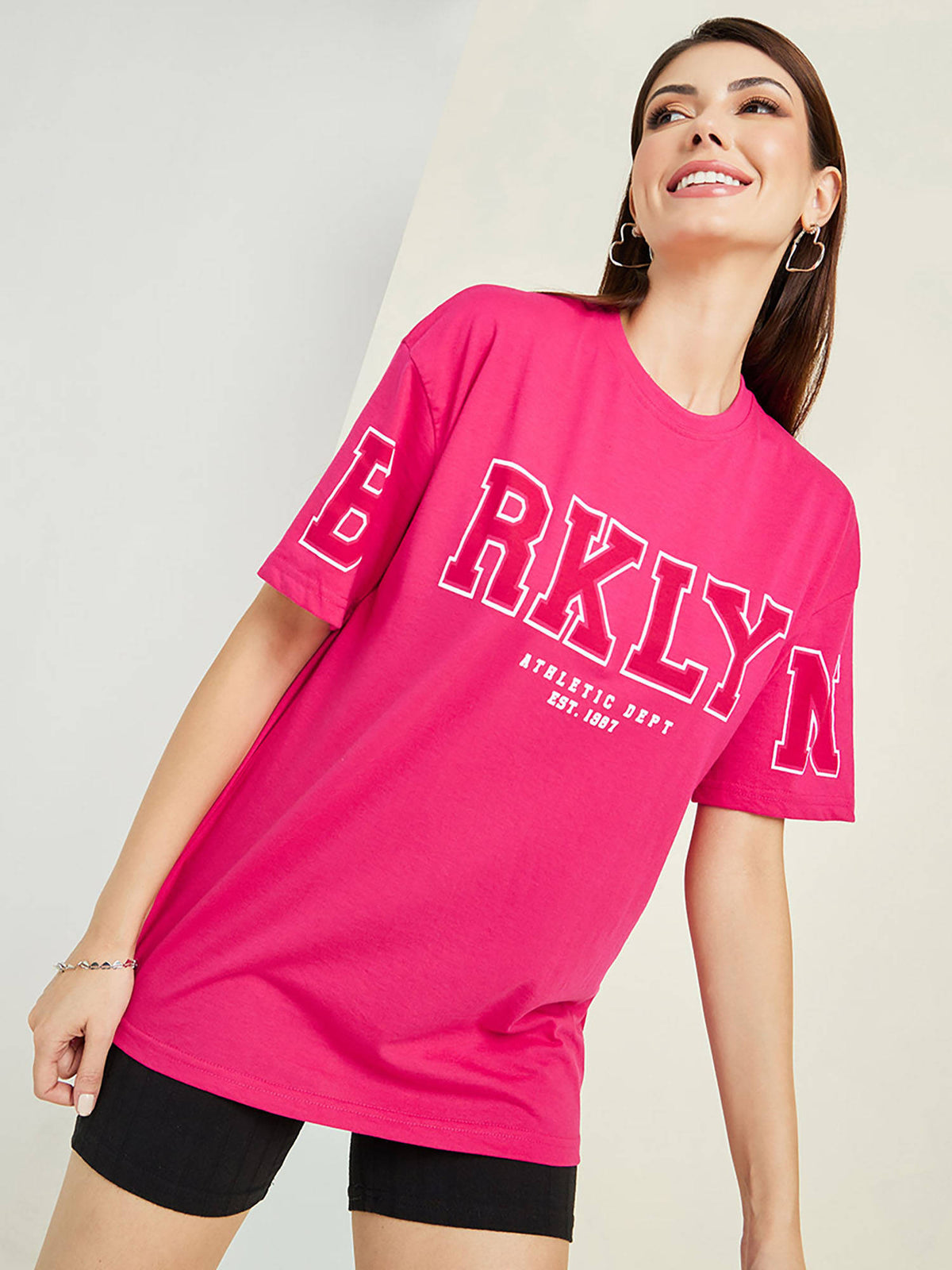 Women Pink Oversized Brooklyn Print Longline Cotton T-Shirt | TS56 - view 3