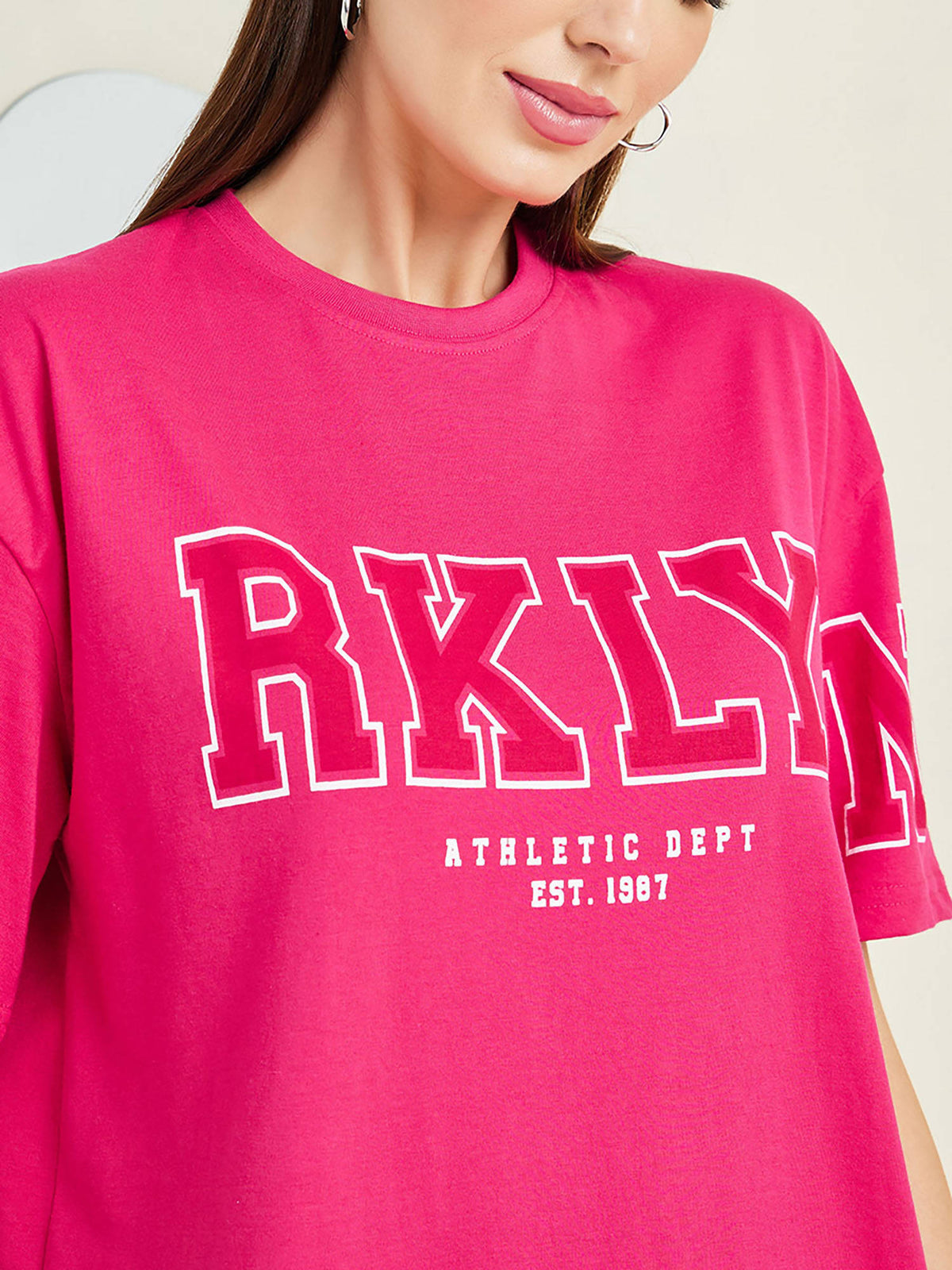 Women Pink Oversized Brooklyn Print Longline Cotton T-Shirt | TS56 - view 4