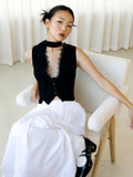 V-neck Solid Lace Trim Blazer Vest With Scarf | JC78 - view 1