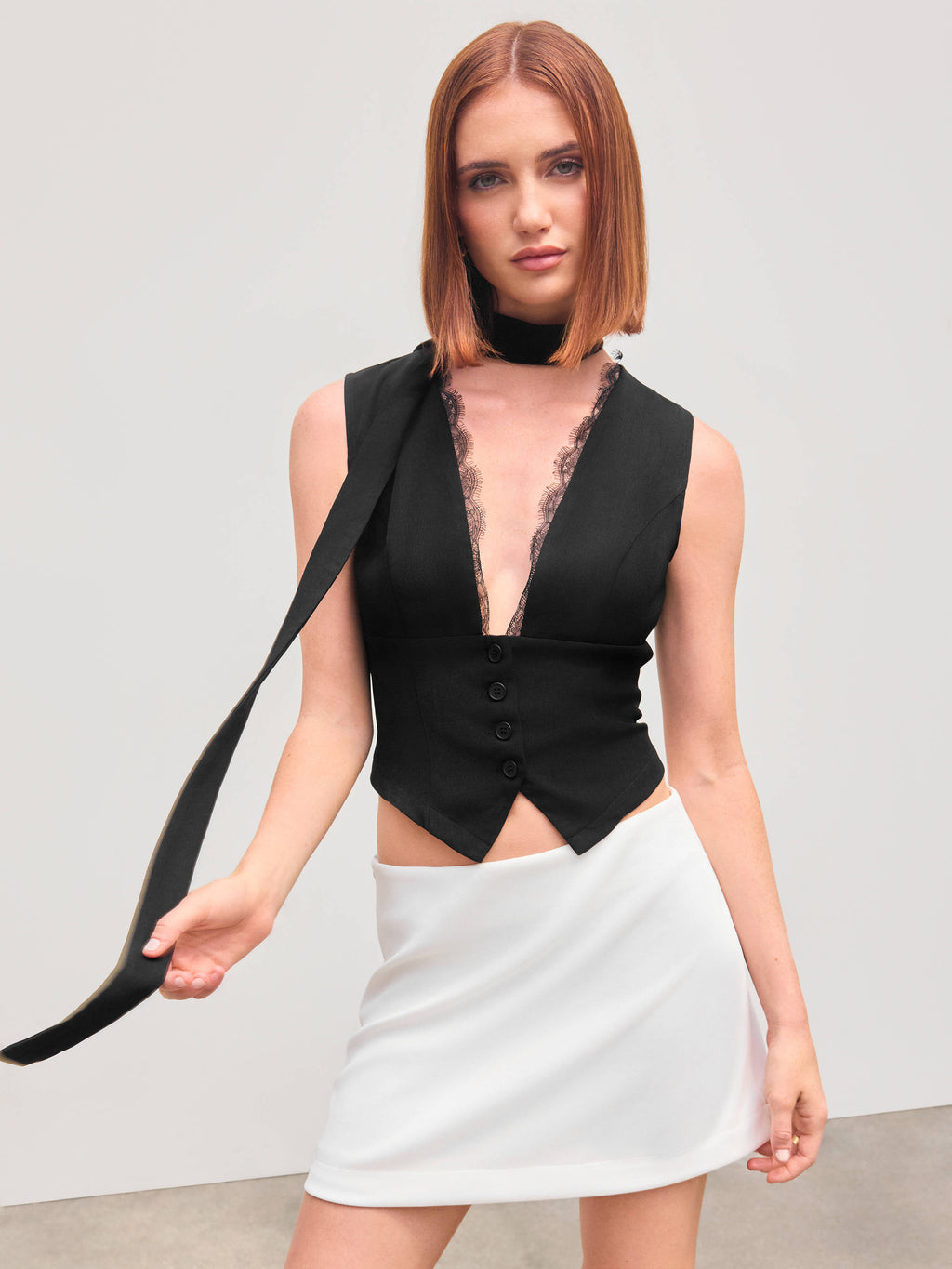 V-neck Solid Lace Trim Blazer Vest With Scarf | JC78 - view 7