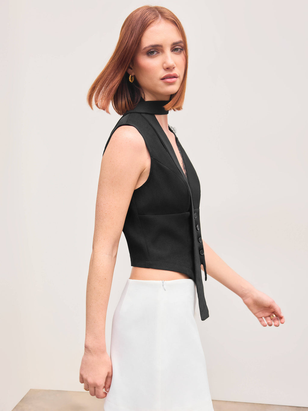 V-neck Solid Lace Trim Blazer Vest With Scarf | JC78 - view 8