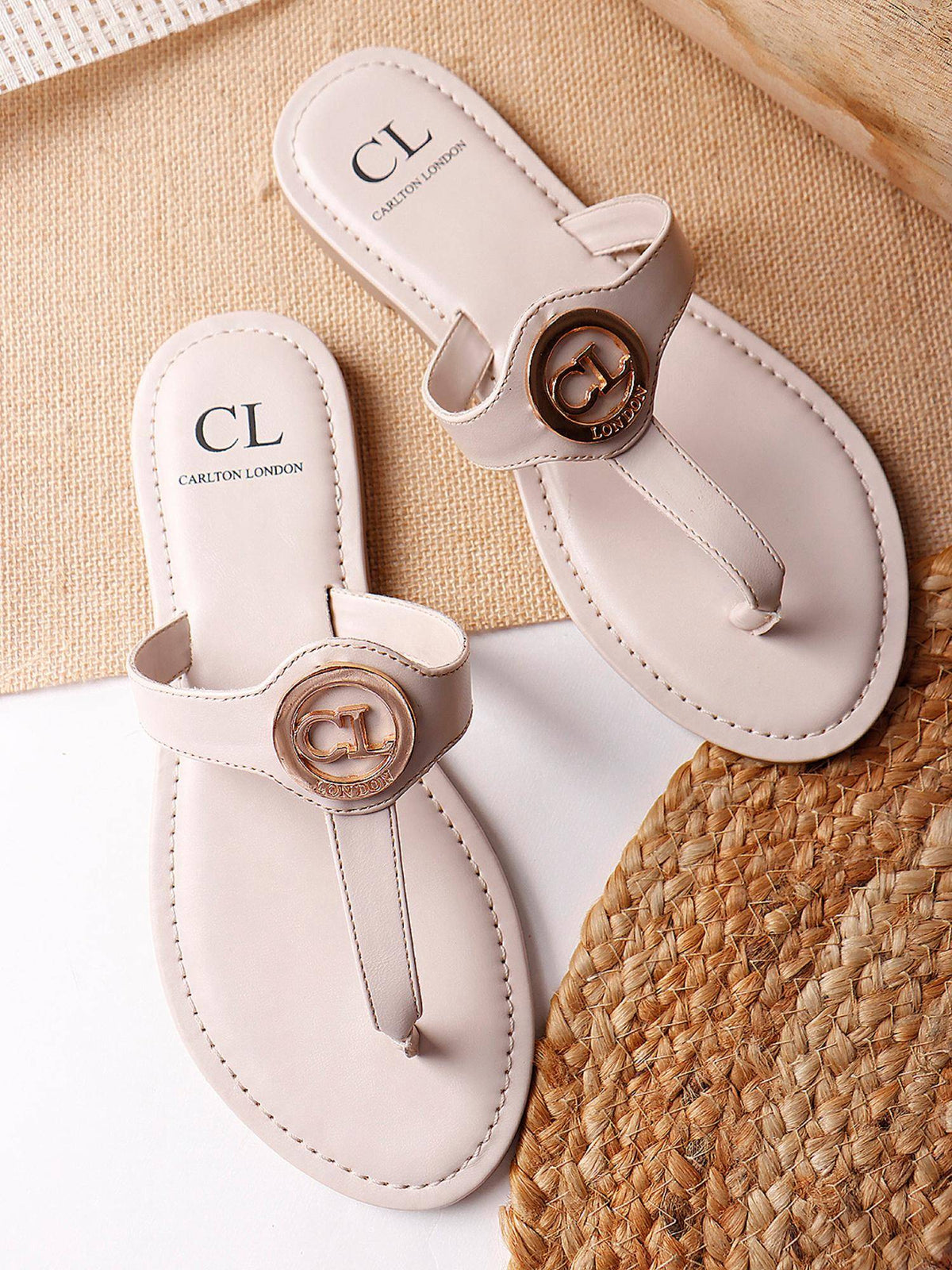 Elegant Cream Embellished T-Straps Flats | F61 - view 4