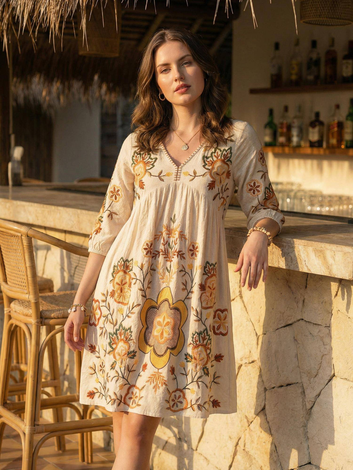 Floral Embroidered Puff Sleeve Short Dress | D56 - view 1