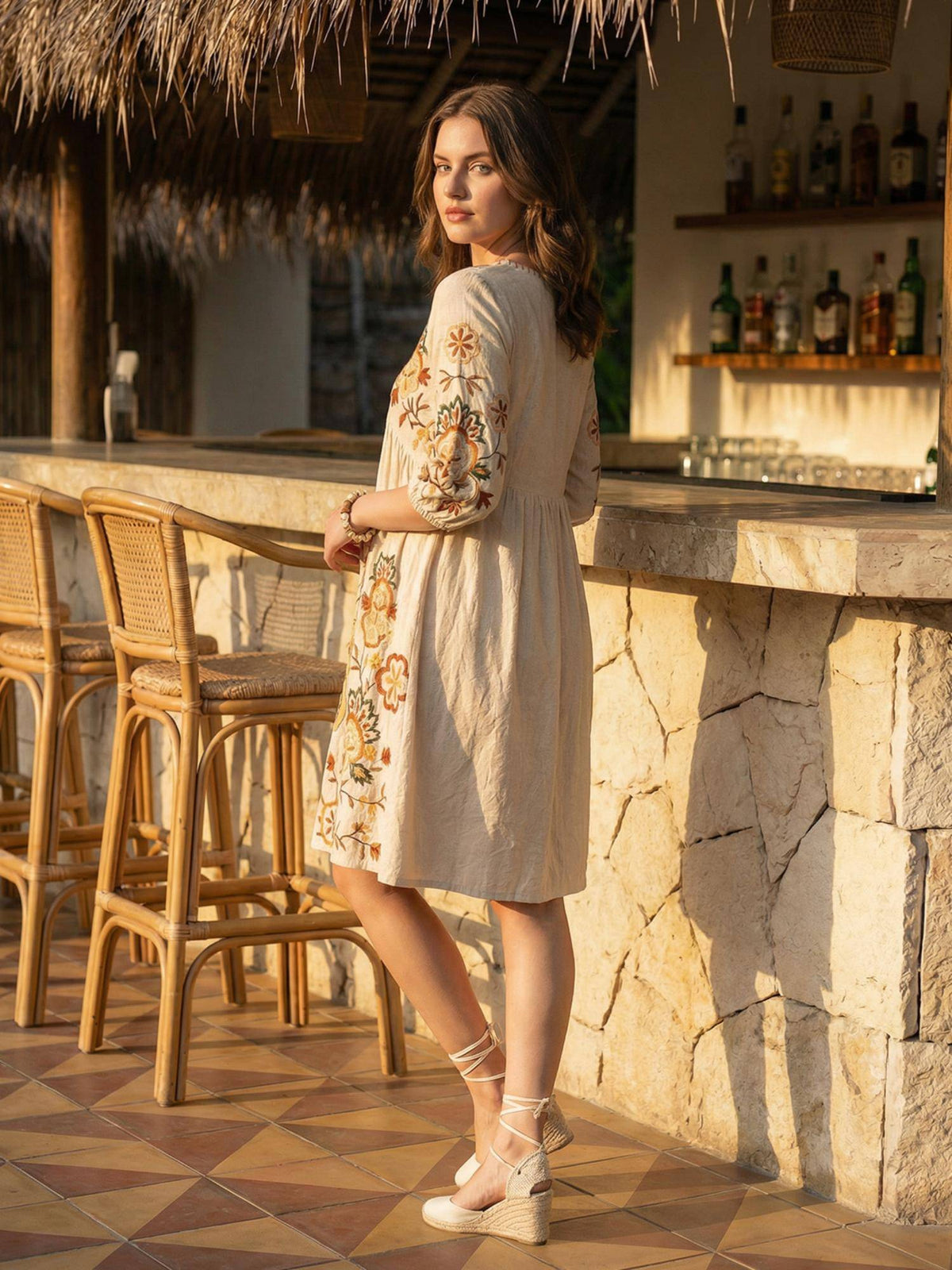 Floral Embroidered Puff Sleeve Short Dress | D56 - view 4