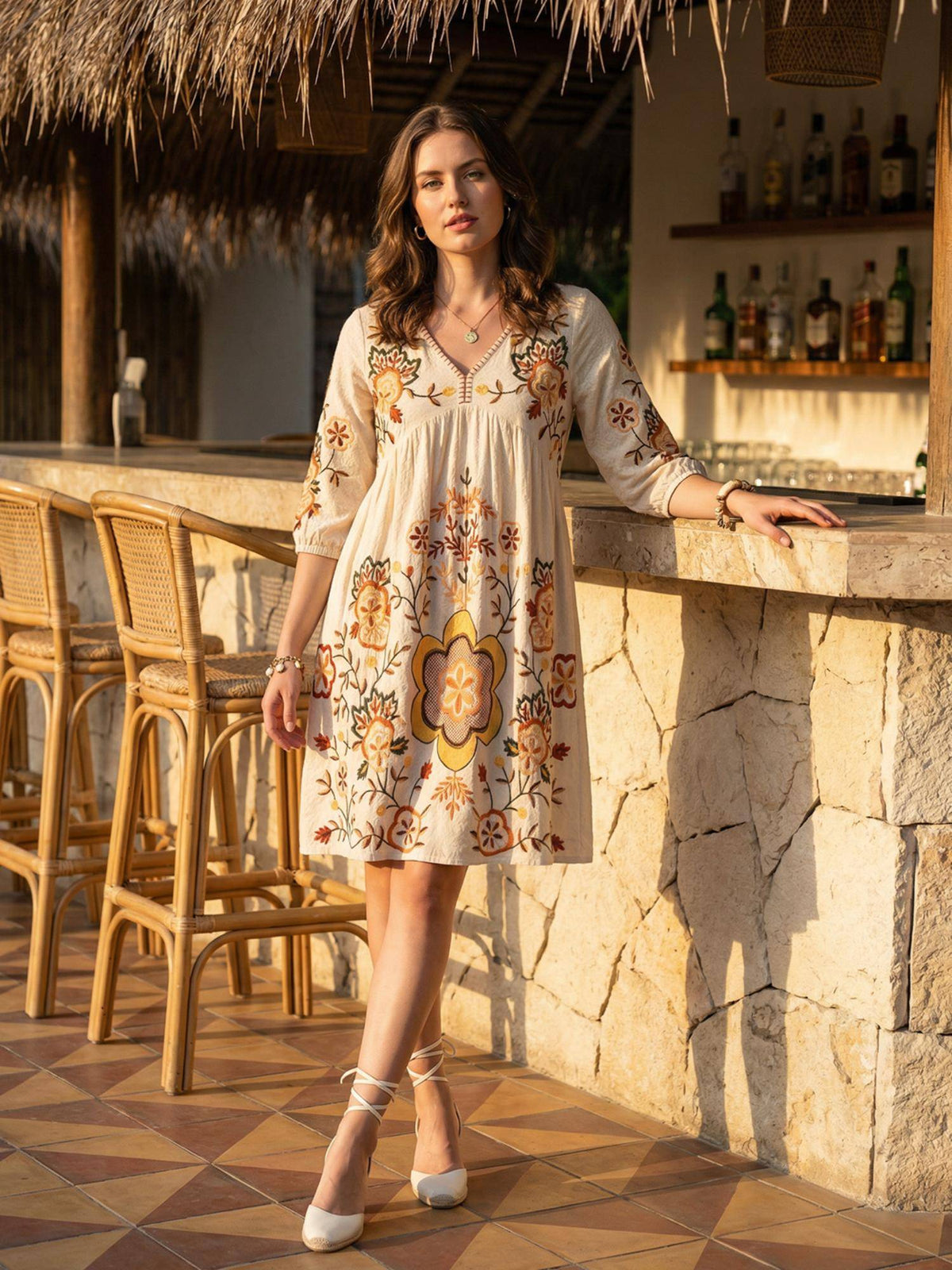 Floral Embroidered Puff Sleeve Short Dress | D56 - view 5