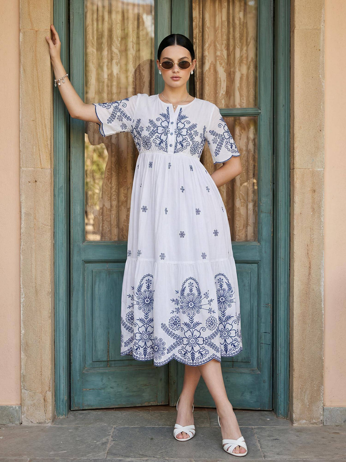 Cotton White Embroidered Midi Dress | D56 - view 1
