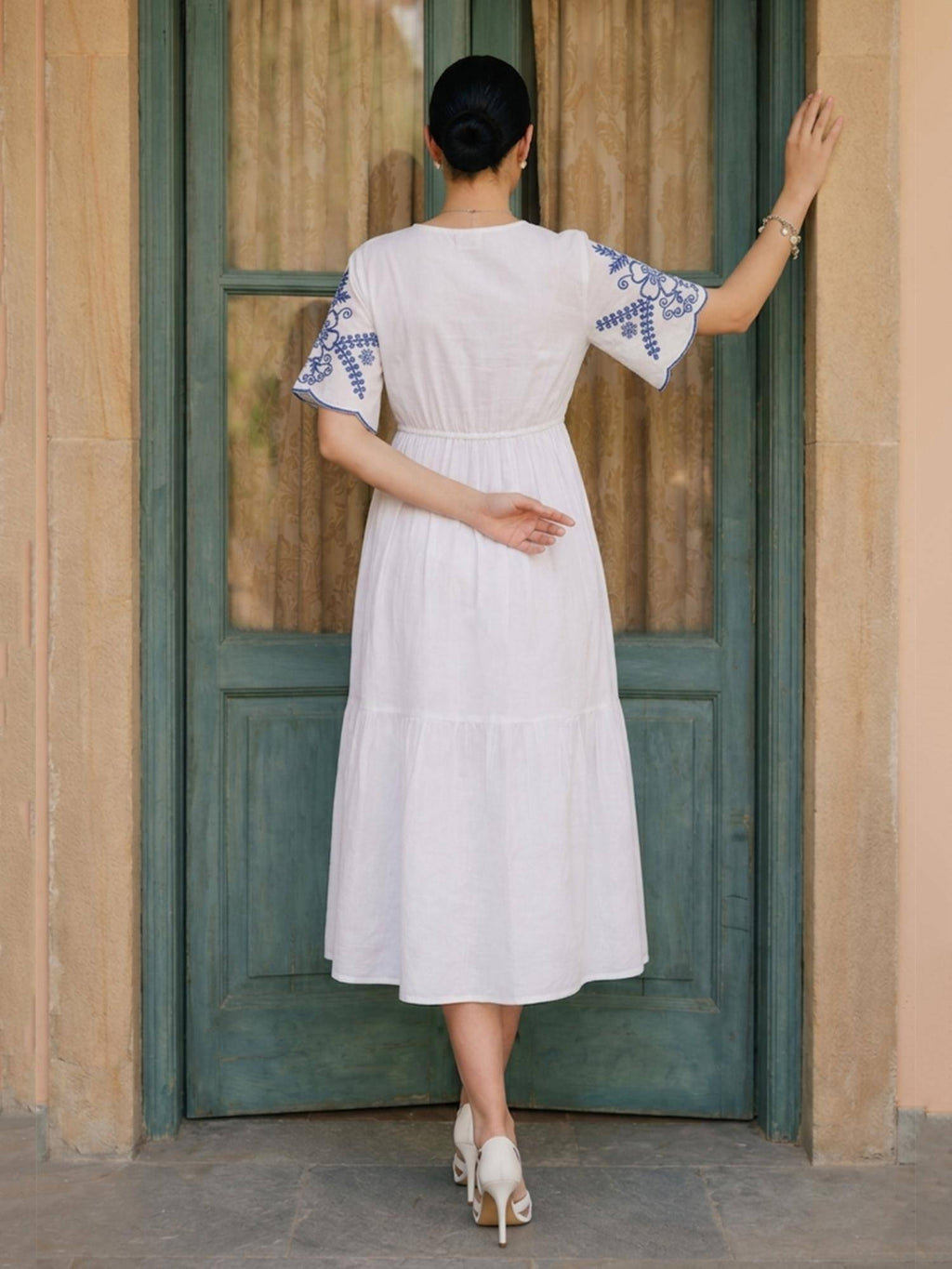 Cotton White Embroidered Midi Dress | D56 - view 2