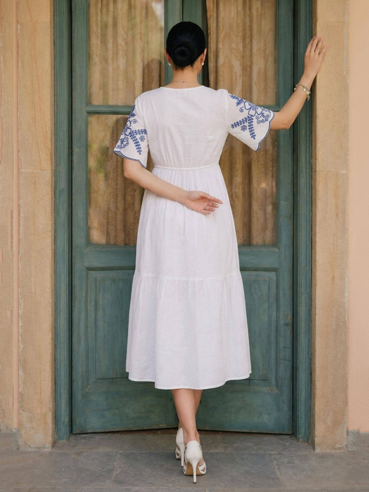 Cotton White Embroidered Midi Dress | D56 - view 2