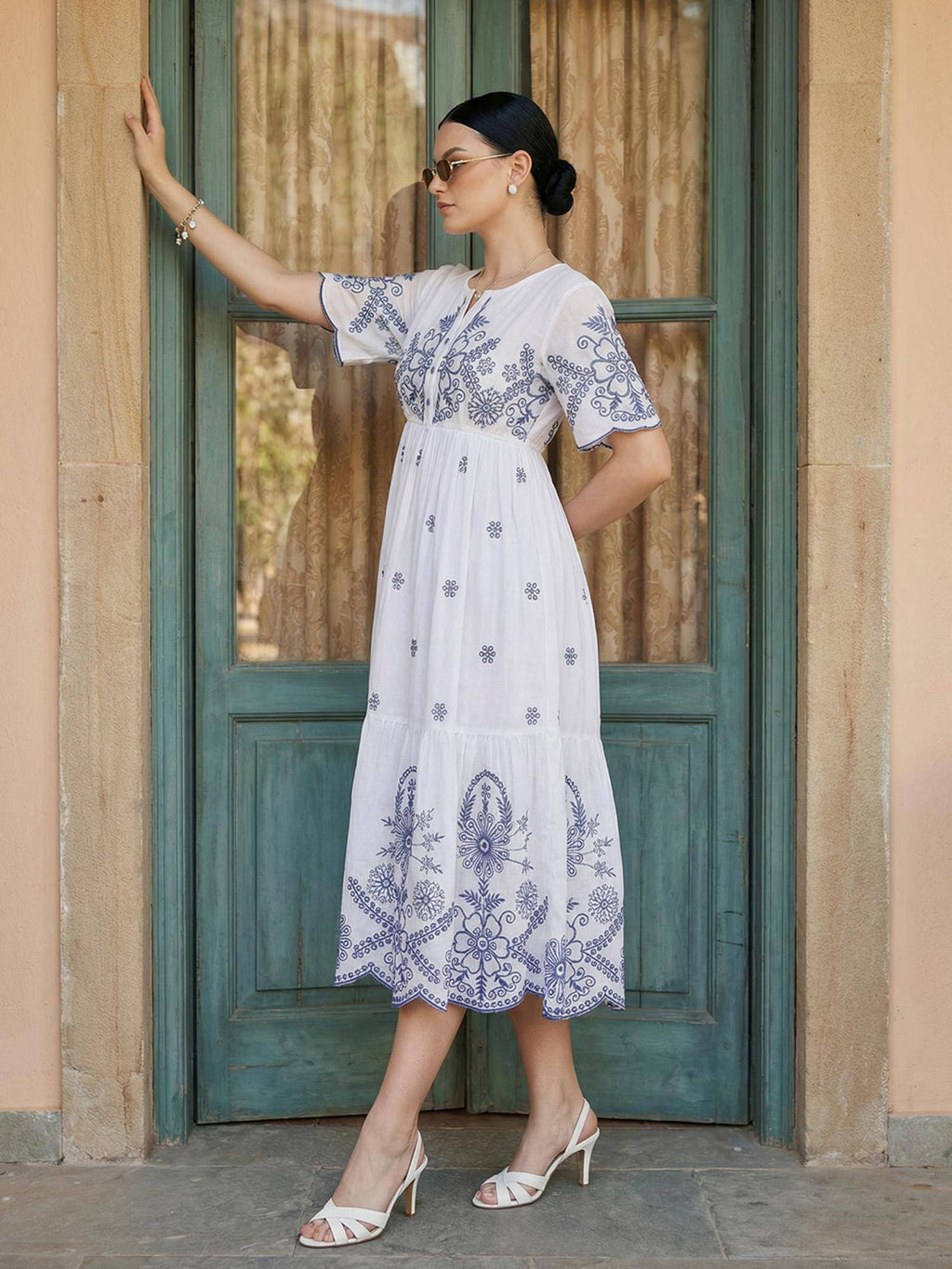 Cotton White Embroidered Midi Dress | D56 - view 3