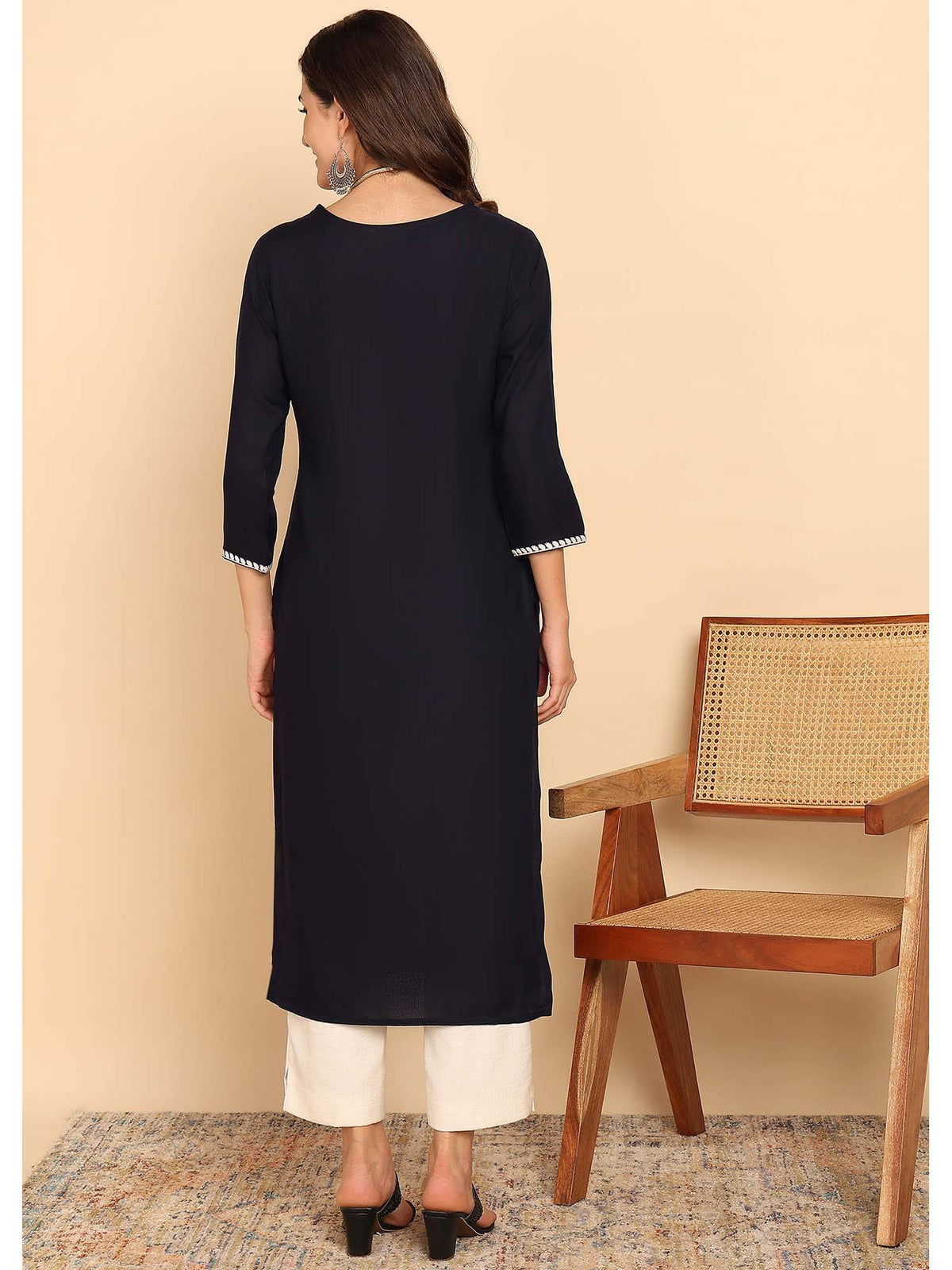 Black Solid Straight Rayon Stitched Kurta | U3S - view 2