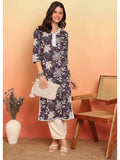 Purple Floral Printed Straight Cotton Stitched Kurta | KDG - view 1