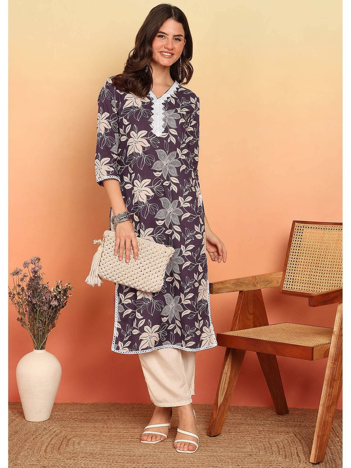 Purple Floral Printed Straight Cotton Stitched Kurta | KDG - view 1