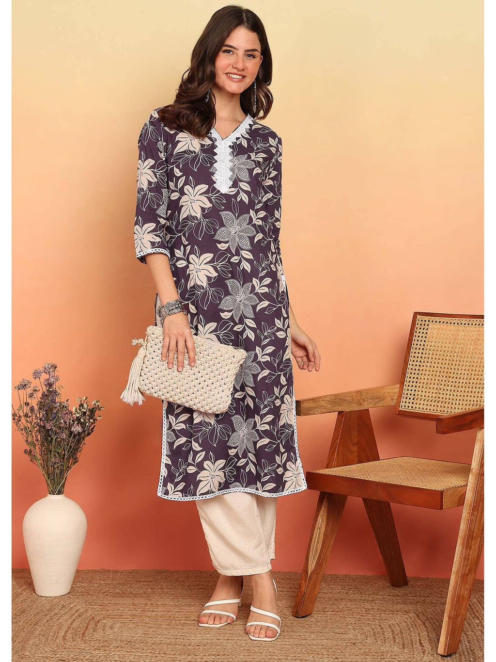 Purple Floral Printed Straight Cotton Stitched Kurta | FY93 - view 1