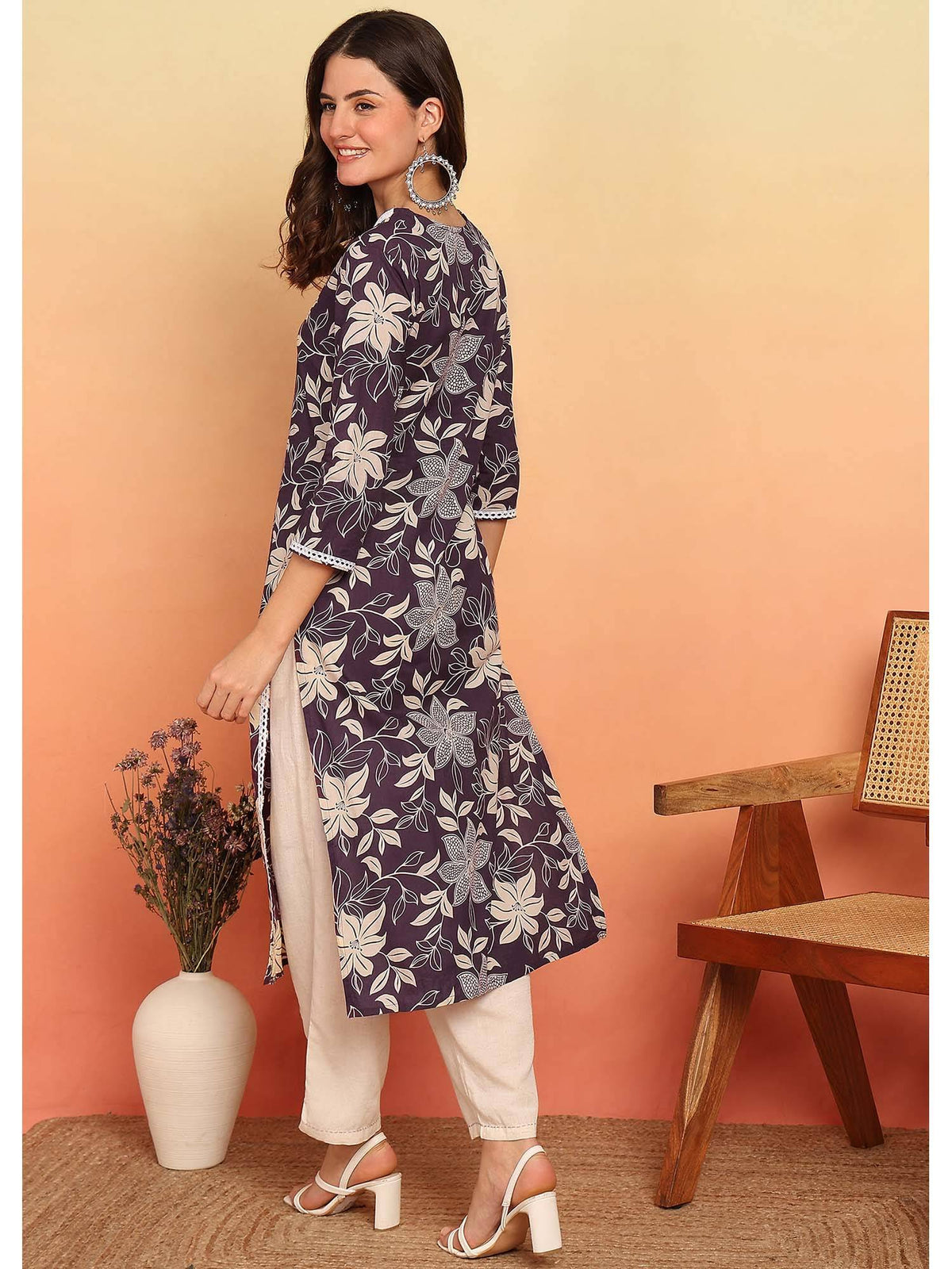 Purple Floral Printed Straight Cotton Stitched Kurta | KDG - view 2