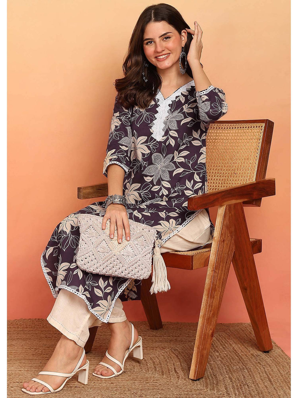 Purple Floral Printed Straight Cotton Stitched Kurta | KDG - view 3