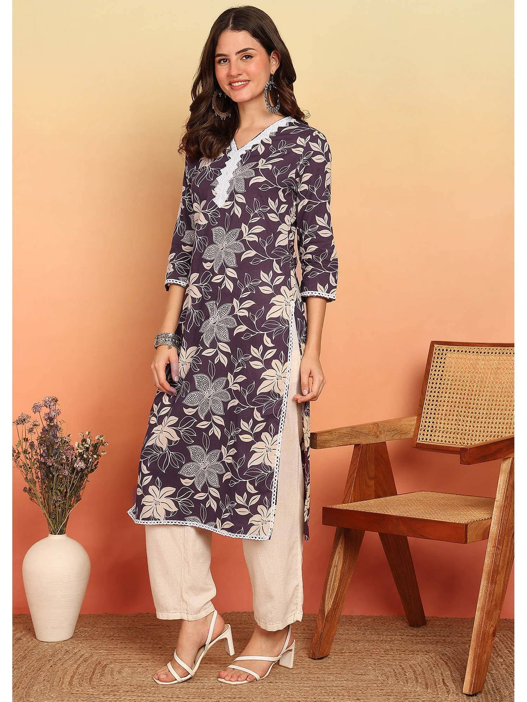 Purple Floral Printed Straight Cotton Stitched Kurta | FY93 - view 4