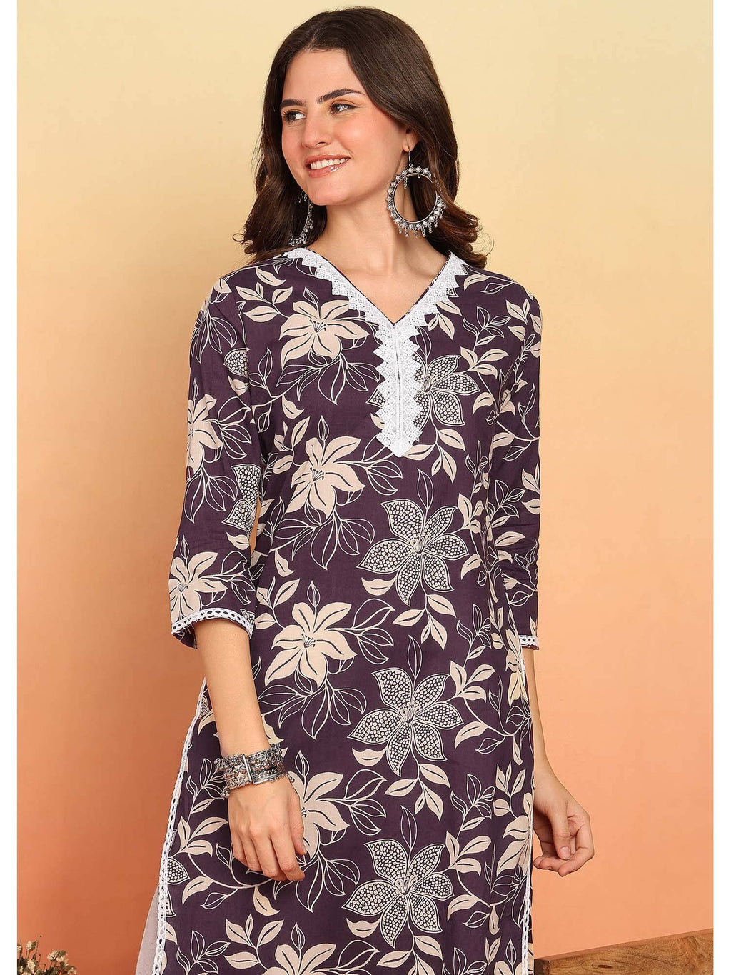 Purple Floral Printed Straight Cotton Stitched Kurta | KDG - view 5