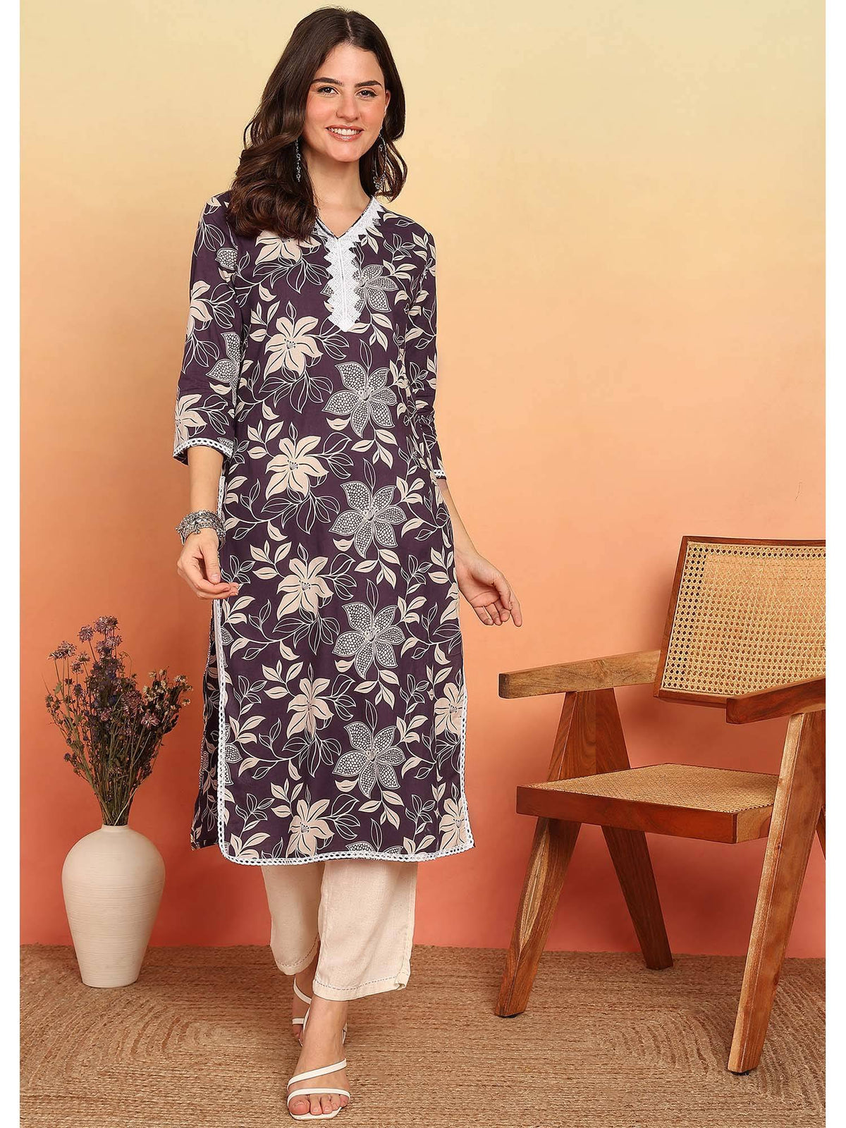 Purple Floral Printed Straight Cotton Stitched Kurta | KDG - view 6