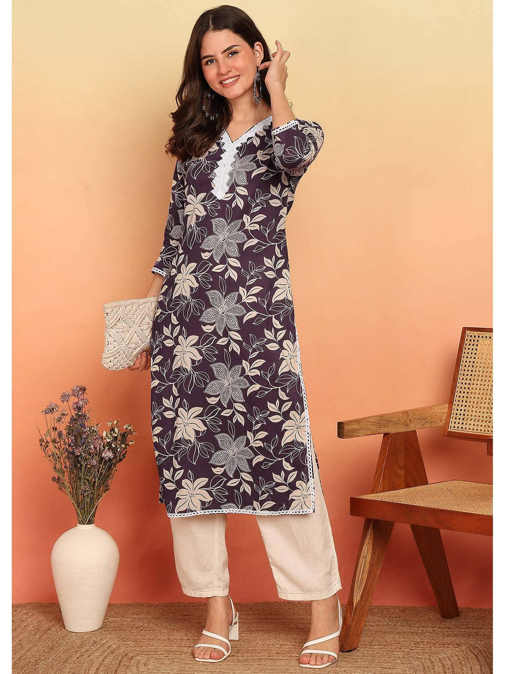 Purple Floral Printed Straight Cotton Stitched Kurta | FY93 - view 7