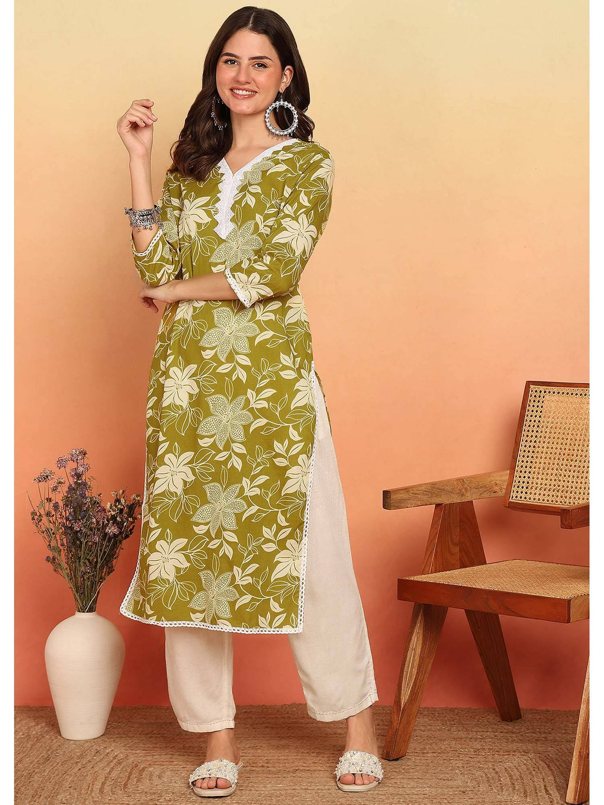 Purple Floral Printed Straight Cotton Stitched Kurta | KDG - view 8