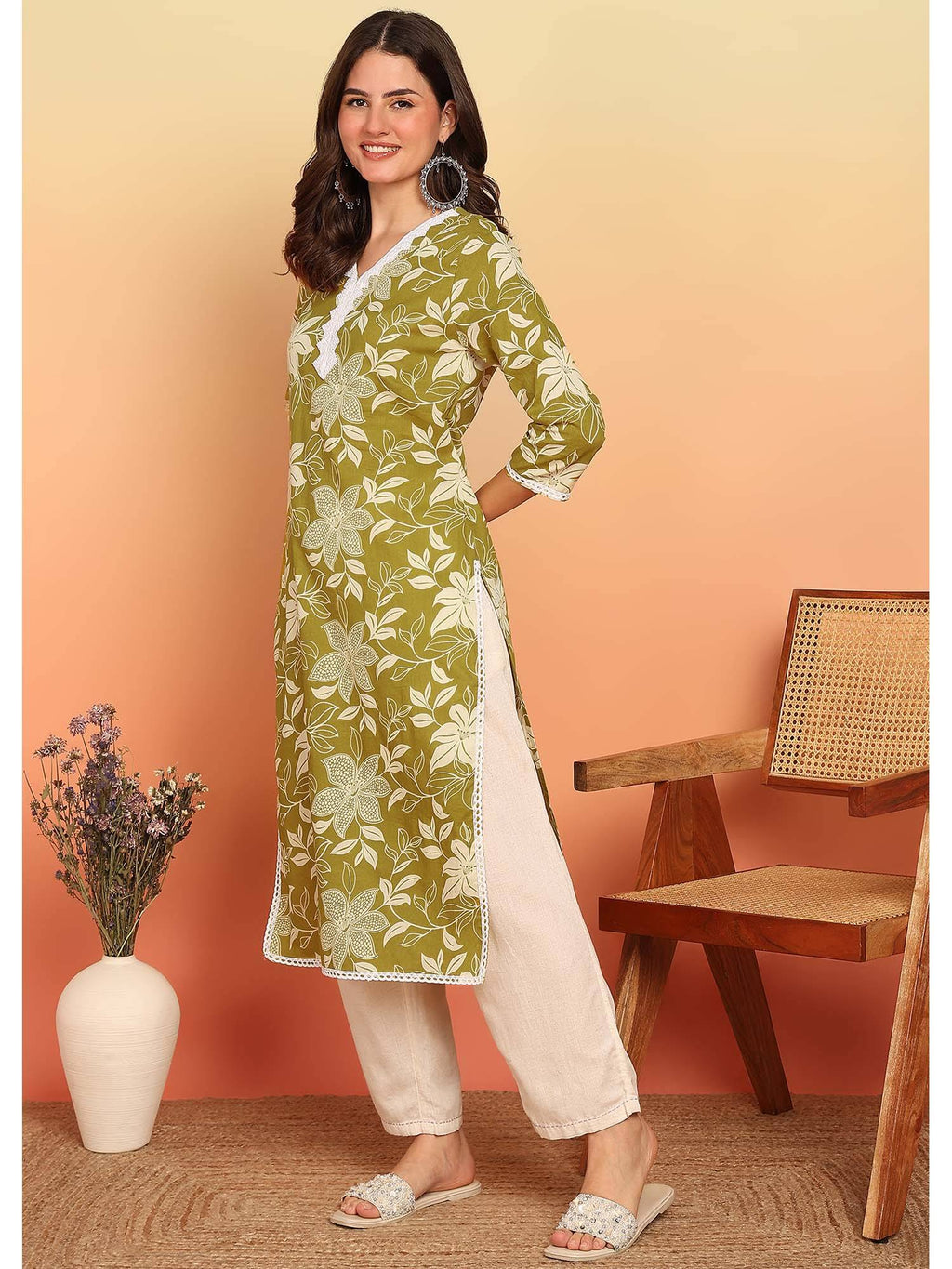 Purple Floral Printed Straight Cotton Stitched Kurta | KDG - view 11