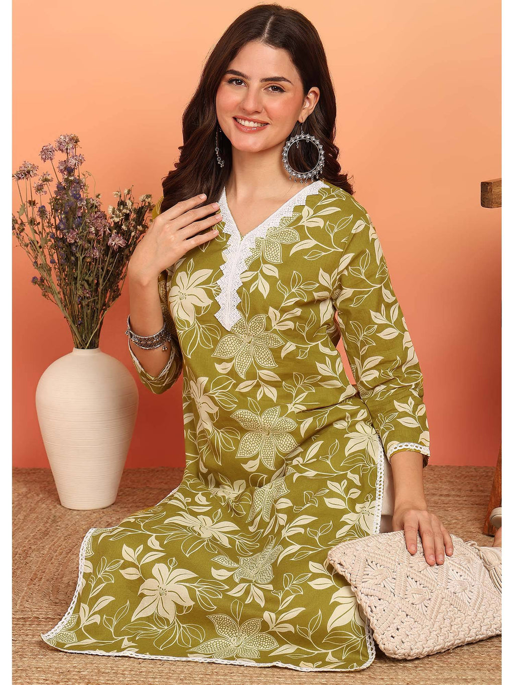 Purple Floral Printed Straight Cotton Stitched Kurta | KDG - view 13