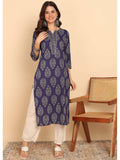 Blue Floral Printed Straight Cotton Stitched Kurta | U3S - view 1