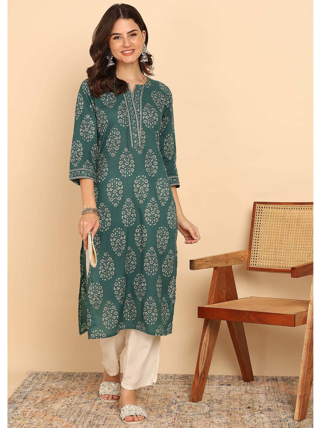 Blue Floral Printed Straight Cotton Stitched Kurta | U3S - view 7