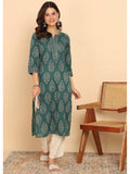Peacock Green Floral Printed Straight Cotton Stitched Kurta | U3S - view 1