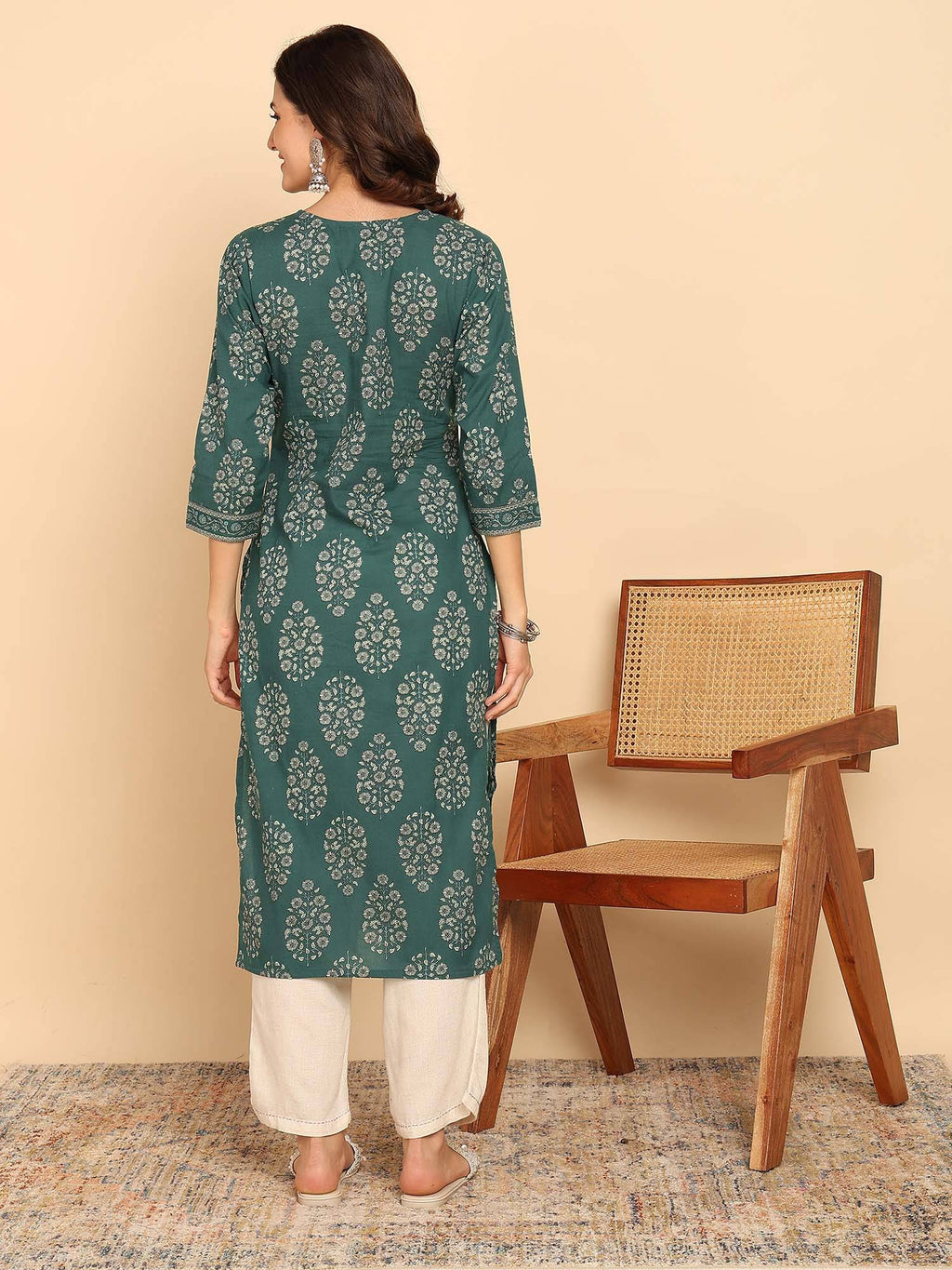 Blue Floral Printed Straight Cotton Stitched Kurta | U3S - view 8