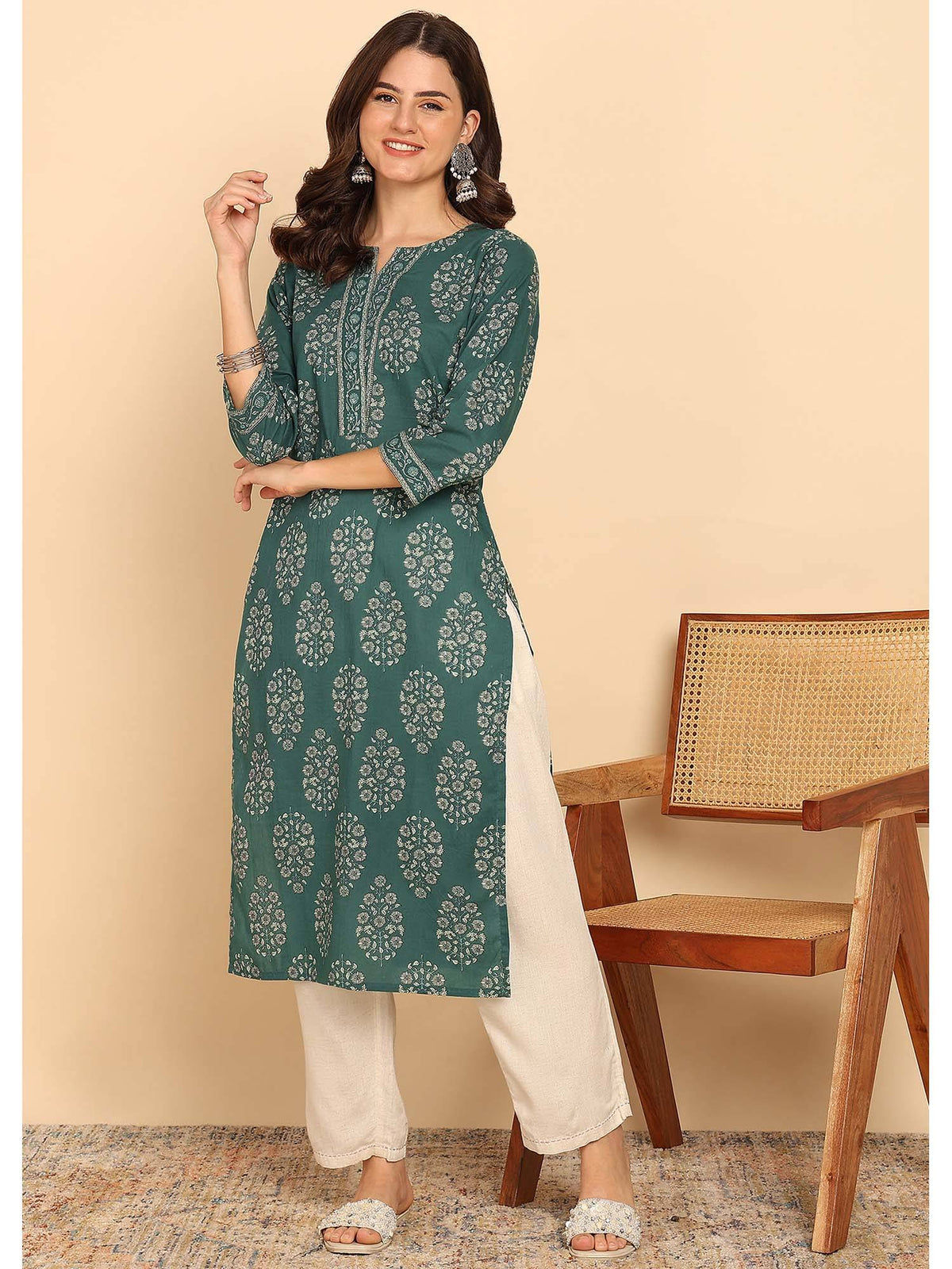 Peacock Green Floral Printed Straight Cotton Stitched Kurta | FY93 - view 4