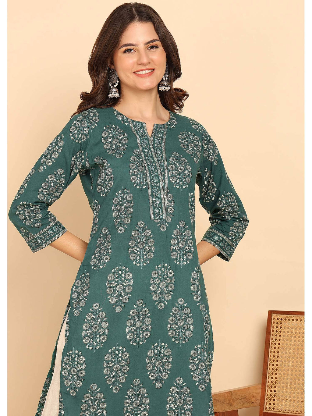 Blue Floral Printed Straight Cotton Stitched Kurta | U3S - view 11