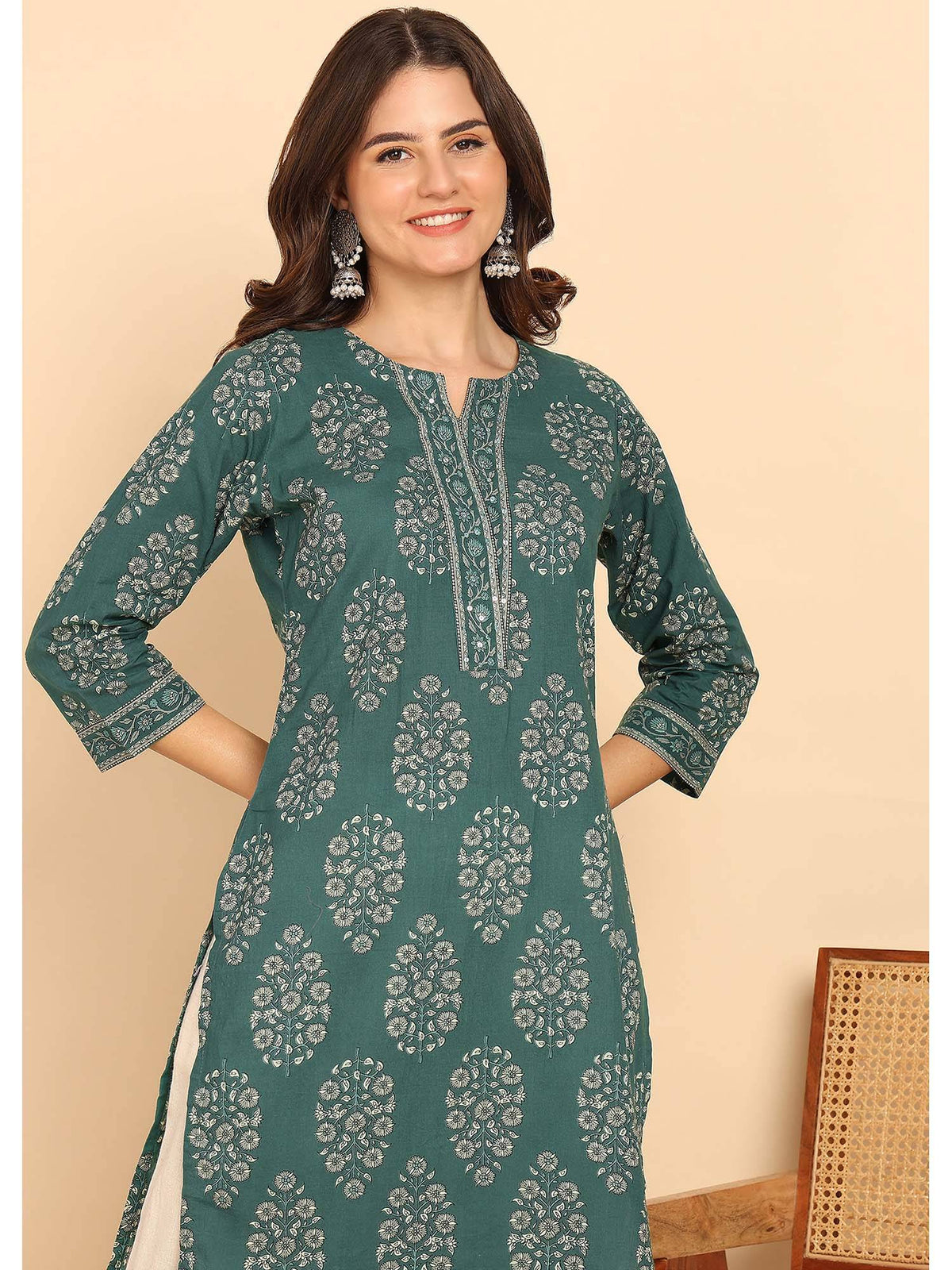 Blue Floral Printed Straight Cotton Stitched Kurta | U3S - view 11