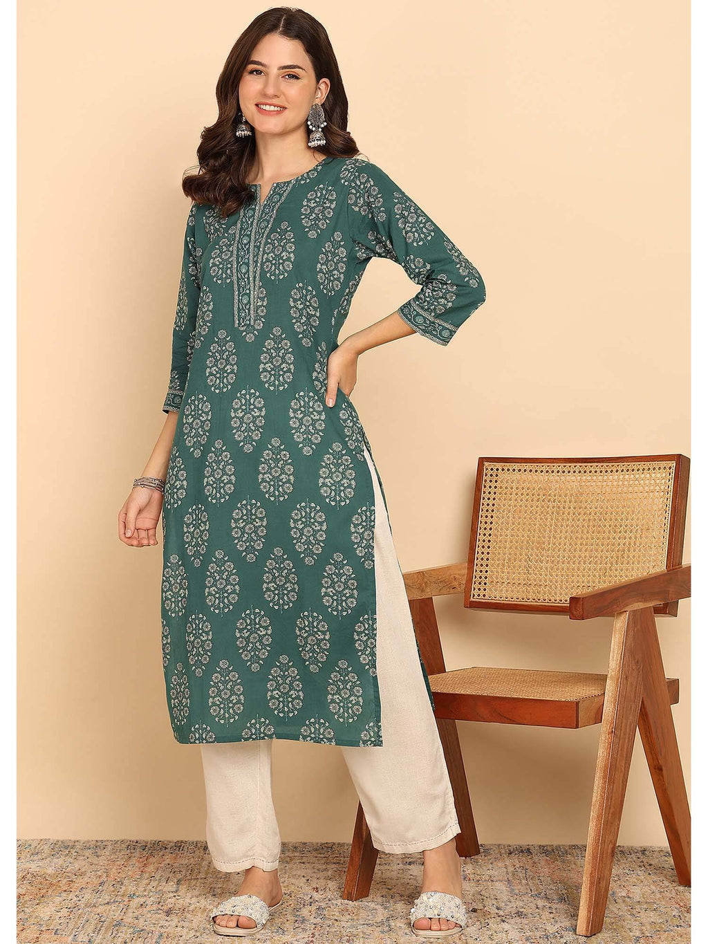 Peacock Green Floral Printed Straight Cotton Stitched Kurta | FY93 - view 6
