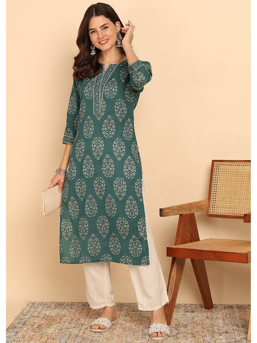 Peacock Green Floral Printed Straight Cotton Stitched Kurta | FY93 - view 7
