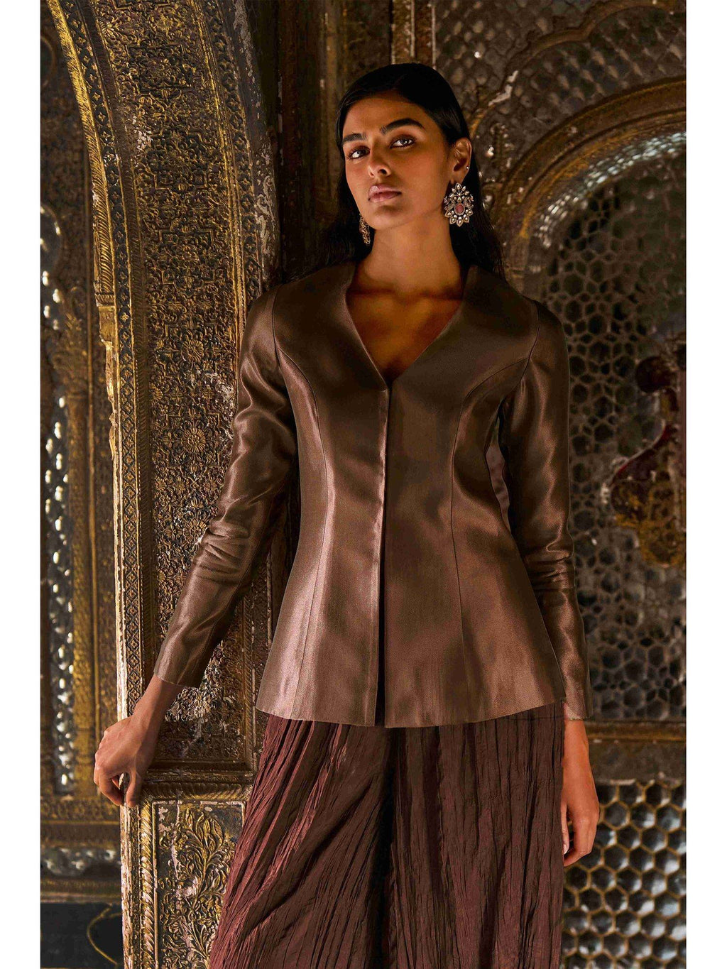 Chocolate Caramel Brocade Peplum Top | pt51 - view 1