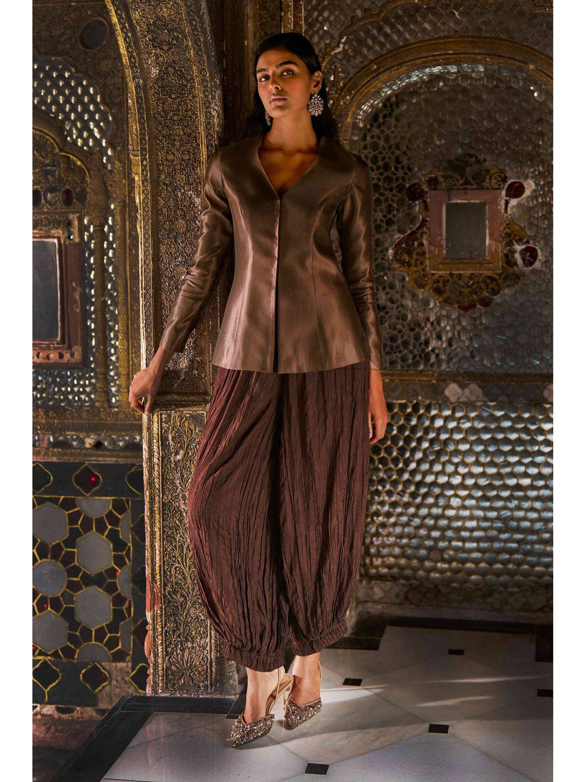 Chocolate Caramel Brocade Peplum Top | pt51 - view 3