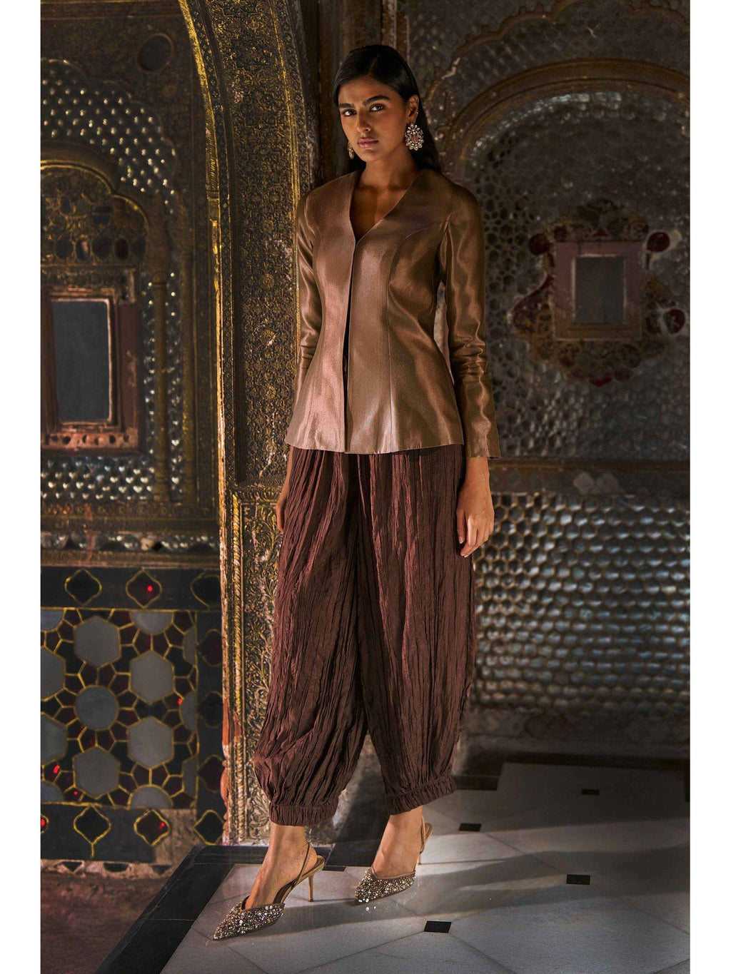 Chocolate Caramel Brocade Peplum Top | pt51 - view 4