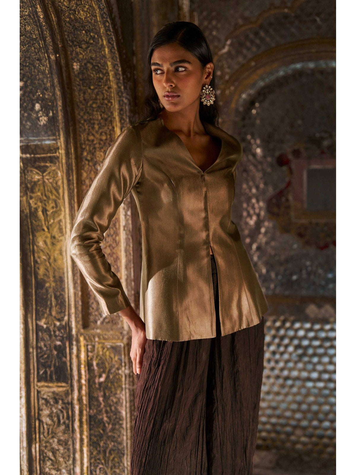 Chocolate Caramel Brocade Peplum Top | pt51 - view 5