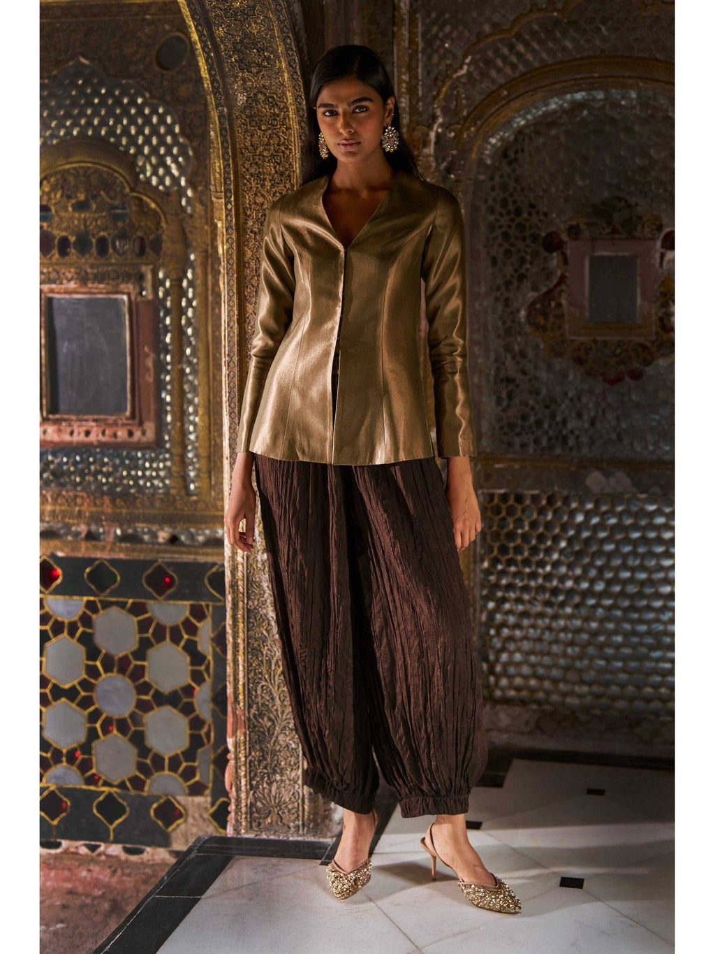 Chocolate Caramel Brocade Peplum Top | pt51 - view 6