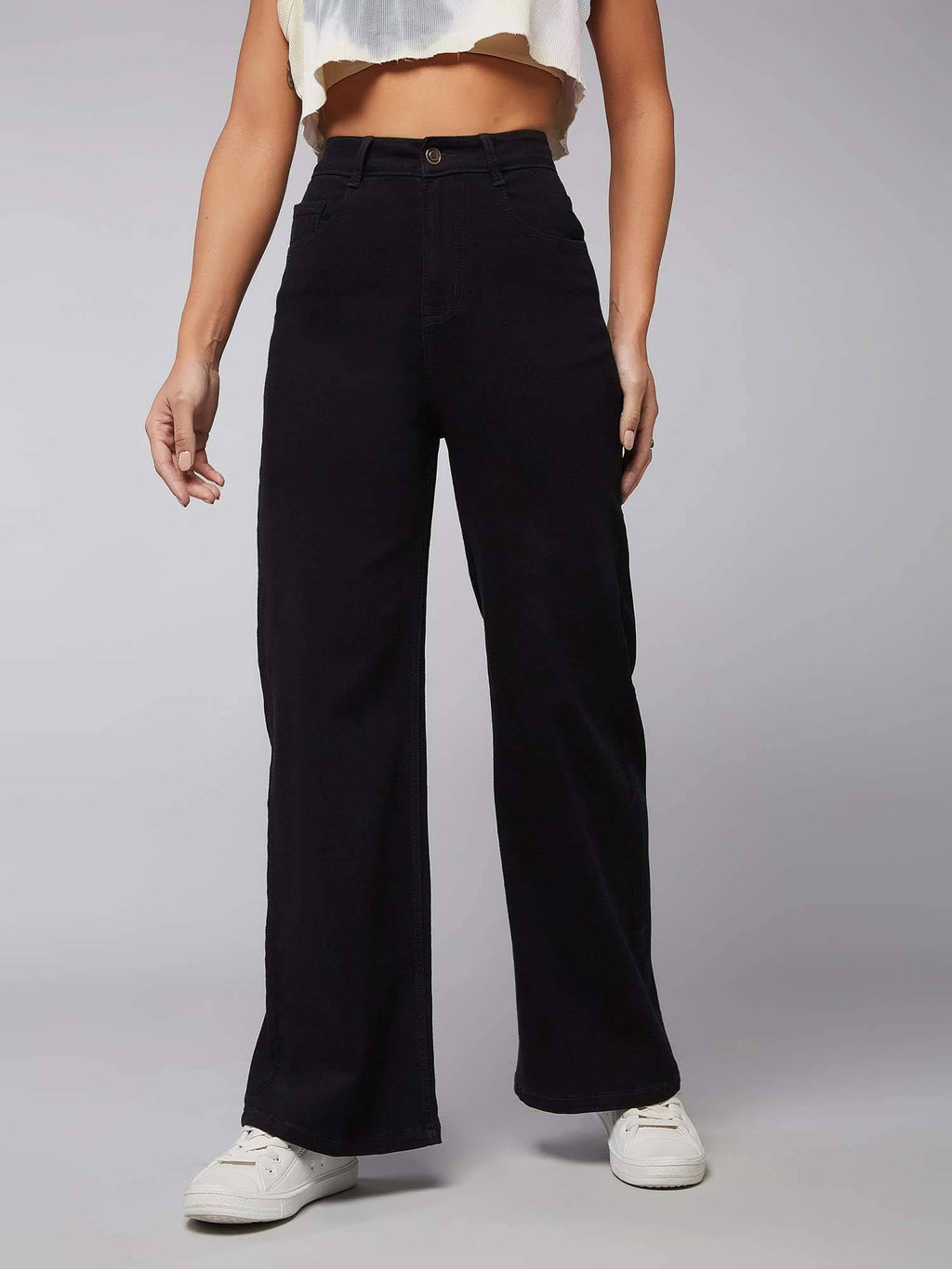 Womens Black Wide Leg High Rise Regular Stretchable Jeans | WL90 - view 2