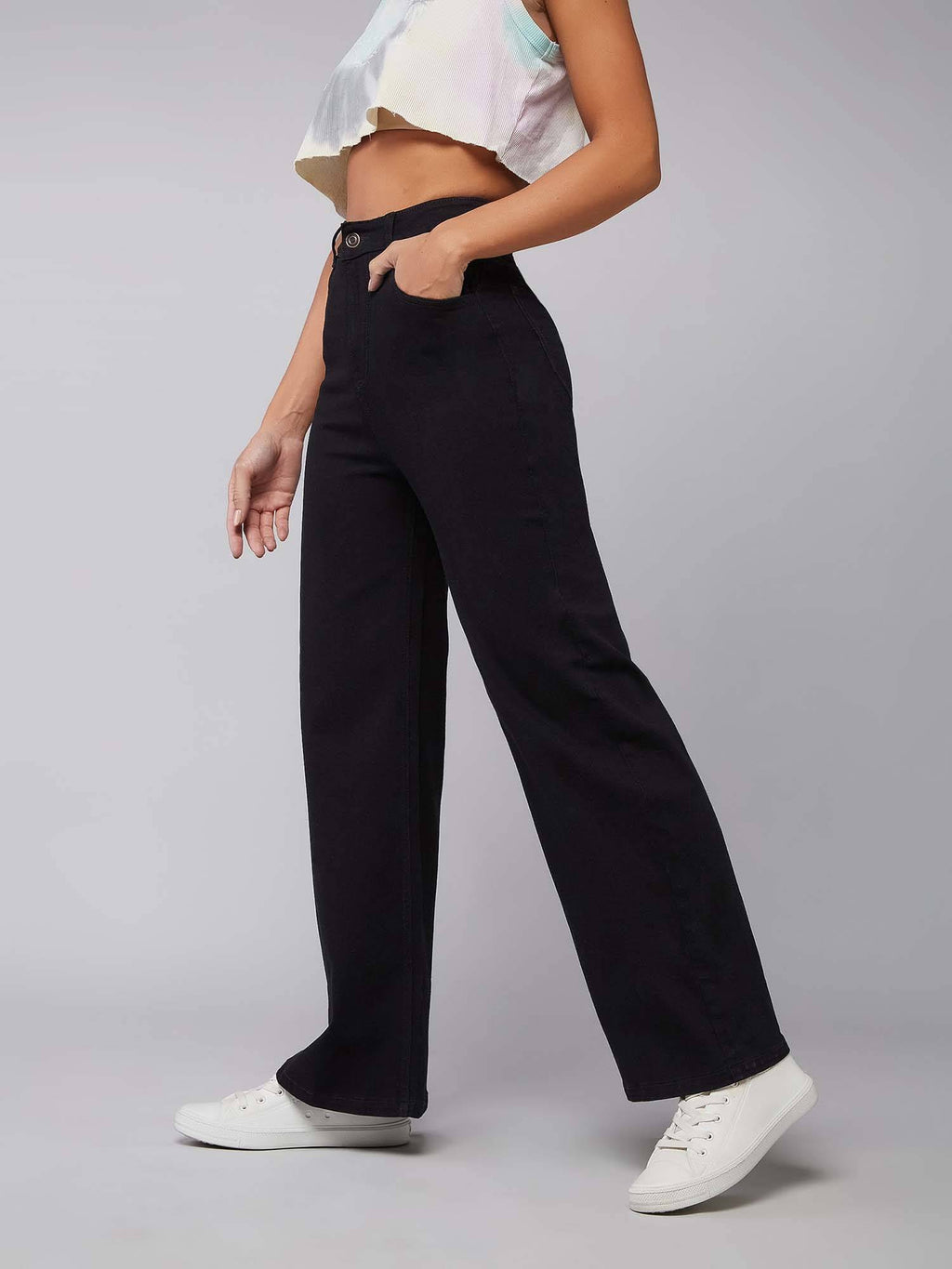 Womens Black Wide Leg High Rise Regular Stretchable Jeans | WL90 - view 3