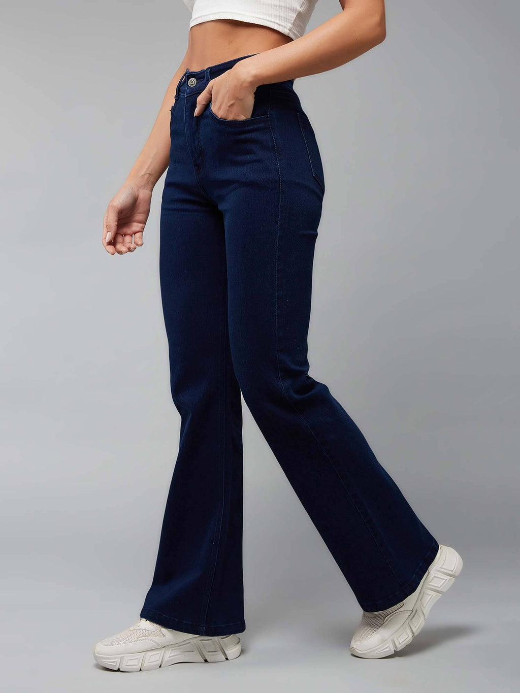 Bootcut High Rise Clean Look Stretchable Navy Blue Denim Jeans | BT10 - view 1